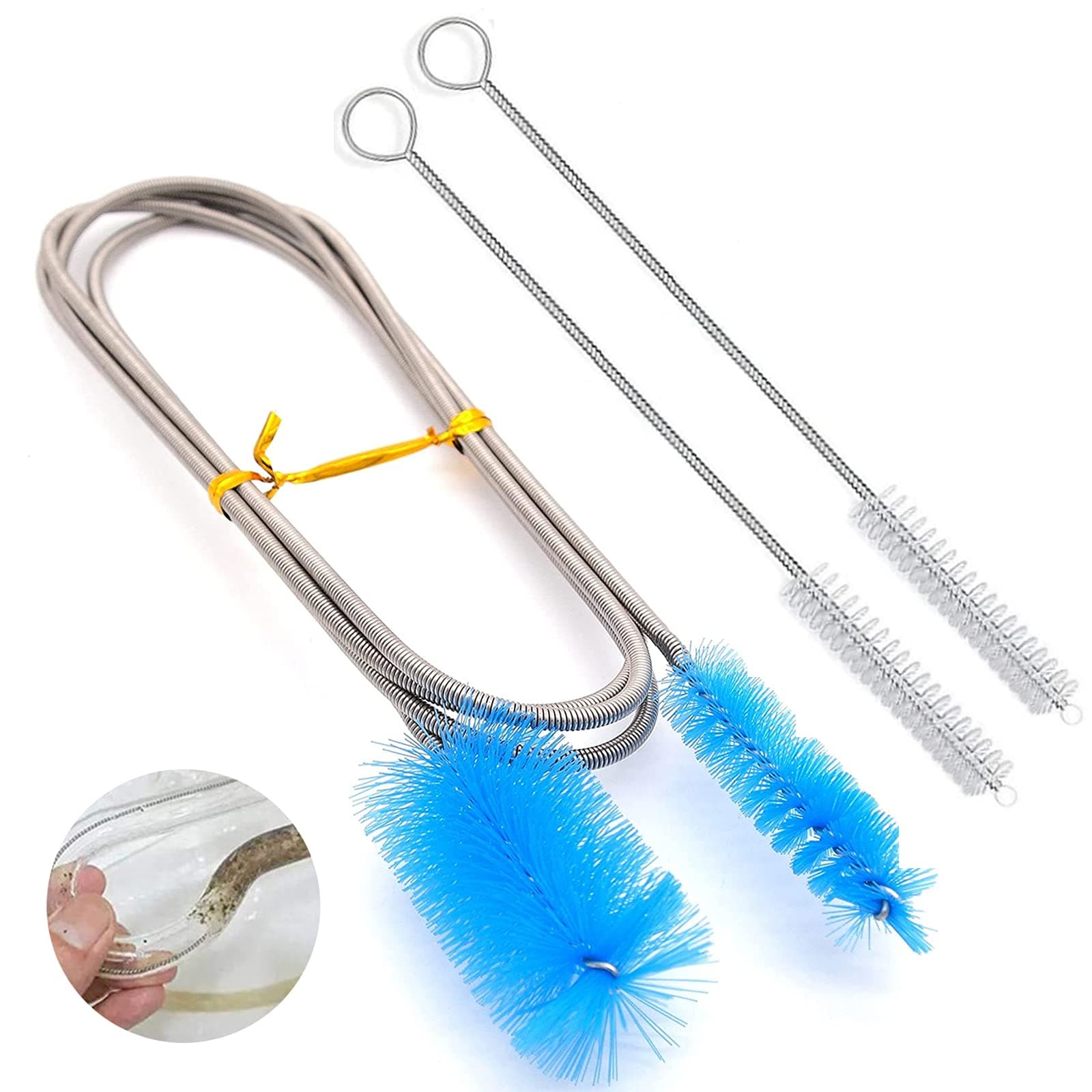 Stainless Flexible Cleaning Brush Kits,1 pcs Double Ended Hose Pipe with 2 pcs Tube Cleaning Brush, for Fish Tank Home Kitchen Washing Tool