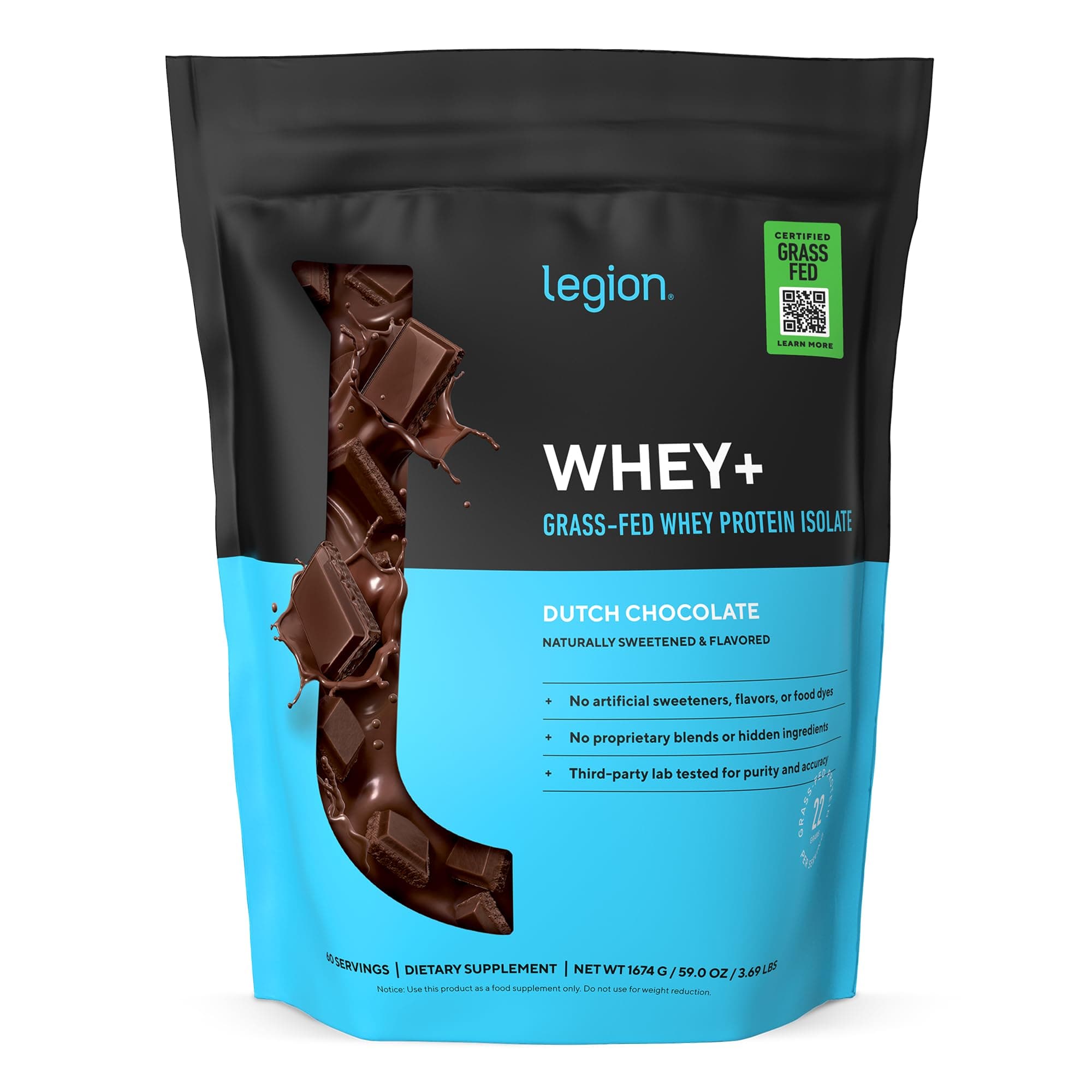 LEGION Whey+ Protein Whey Isolate from Grass Fed Cows (Chocolate, 60 Servings) - Whey Protein Isolate Powder, Low Calorie, Non-GMO, Sugar Free, Lactose and Gluten Free, All Natural Protein Powder