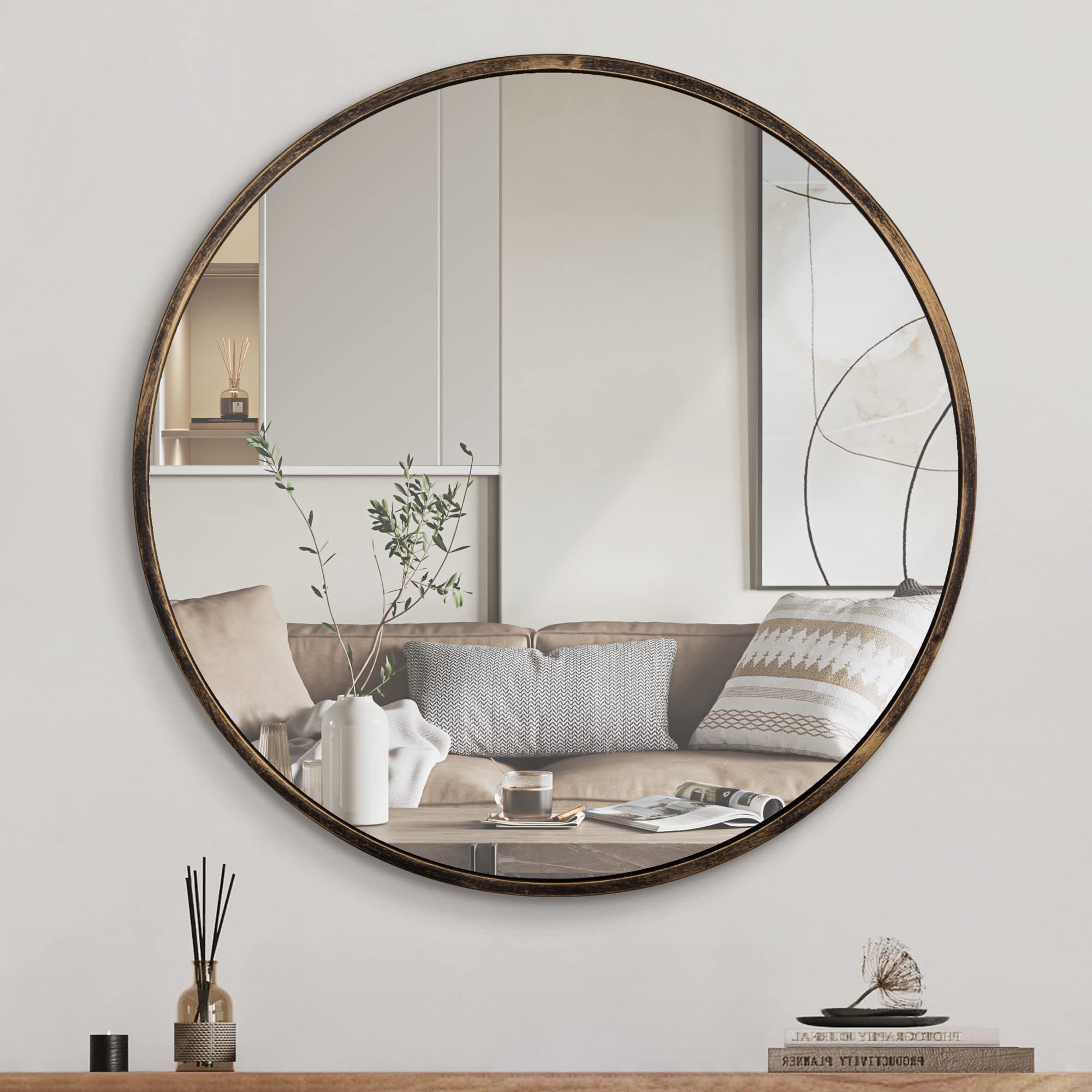 1st owned Round Wall Mirror Bronze 20 Inch -Circular Metal Framed Wall Mounted Mirror, Hanging Round Modern Decorative for Entryway Bathroom, Living Room, Bedroom