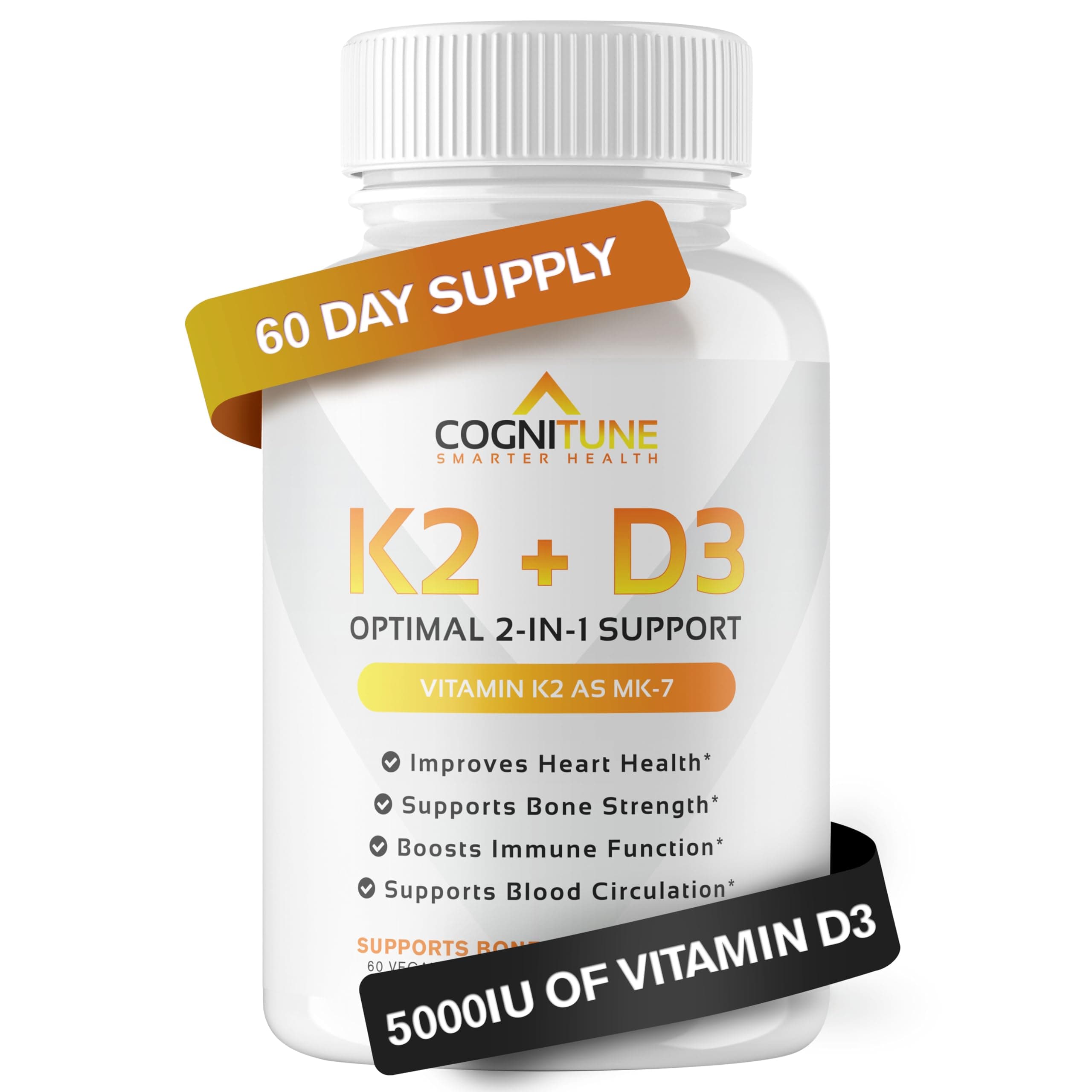 Vitamin D3 5000 IU with Vitamin K2 (MK7) Supplement - Premium Immune, Heart & Bone Health Capsules - Vitamin K2 D3 Complex with 5000 IU of Vitamin D3 & 90 mcg of Vitamin K2 mk7-60 Count