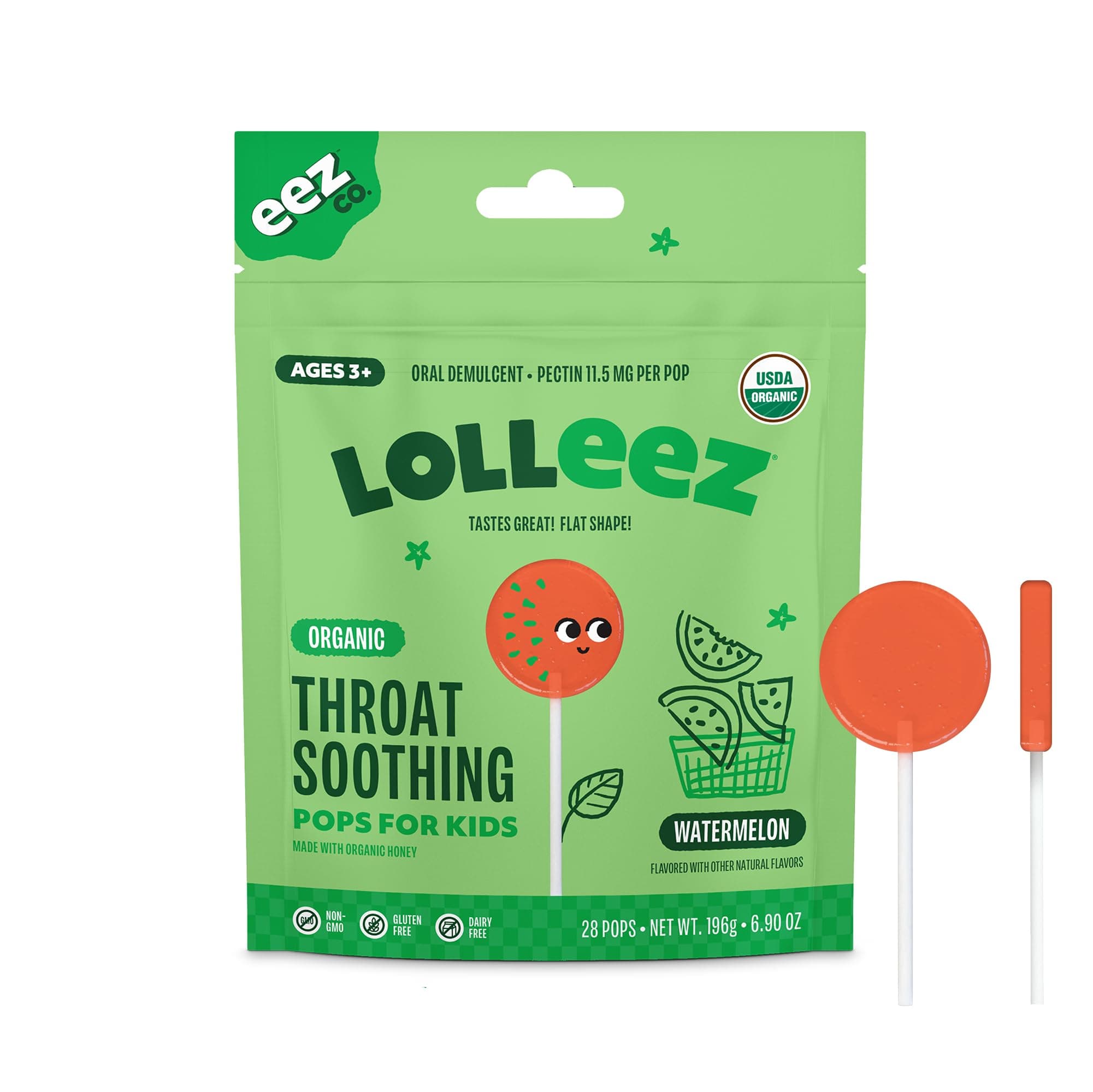 Organic Lollipops for Kids Sore Throat Relief, Watermelon Perfect for Soothing A Sore Throat While Tasting Great, Watermelon Flavor, 28 Count