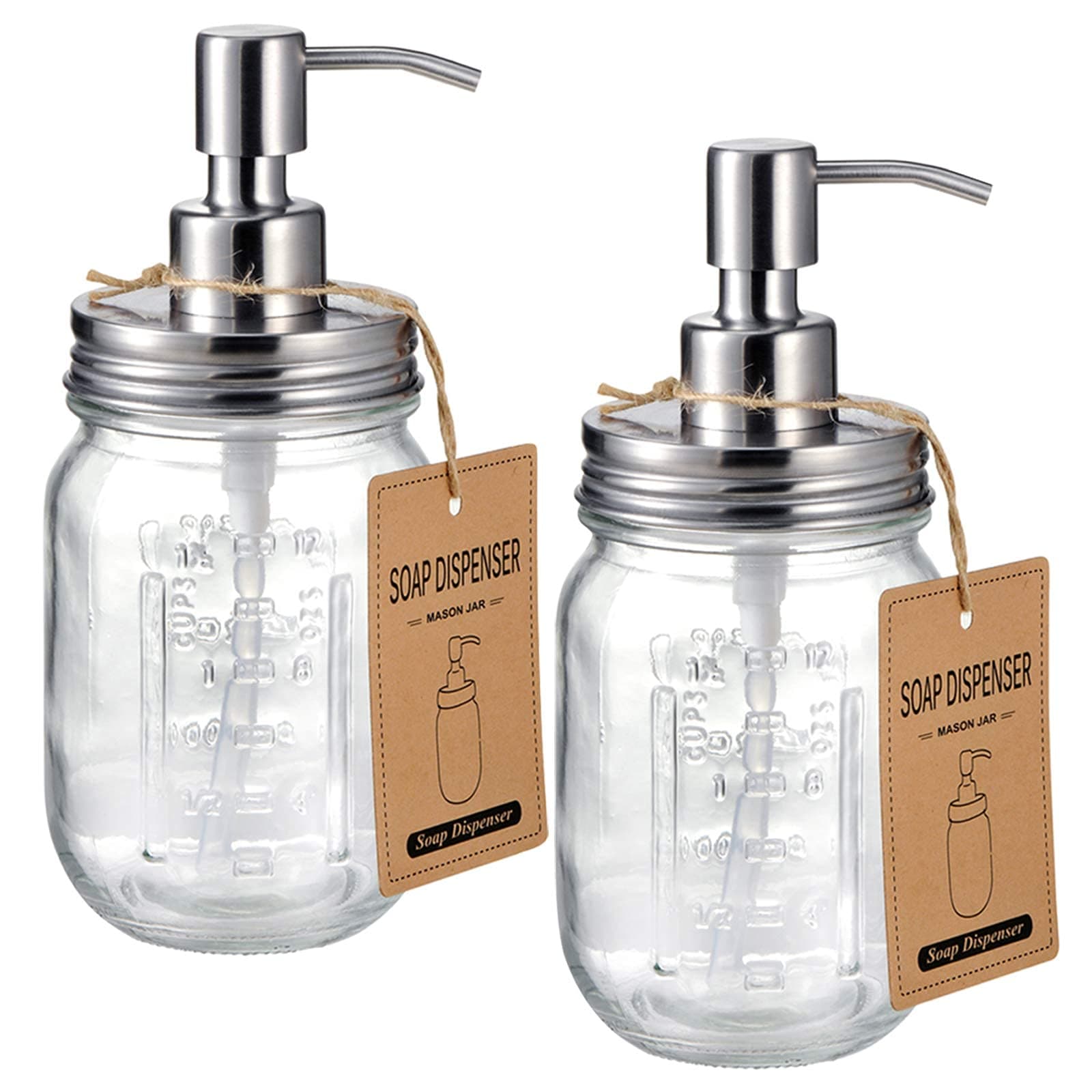 Mason Jar Liquid Soap Dispenser, Rustproof Stainless Steel Pump Lid, Refillable Hand Soap for Bathroom, Dish Soap Dispenser for Kitchen, Bath, Waterproof Stickers,16Oz Brushed Nickel(2 Pack)