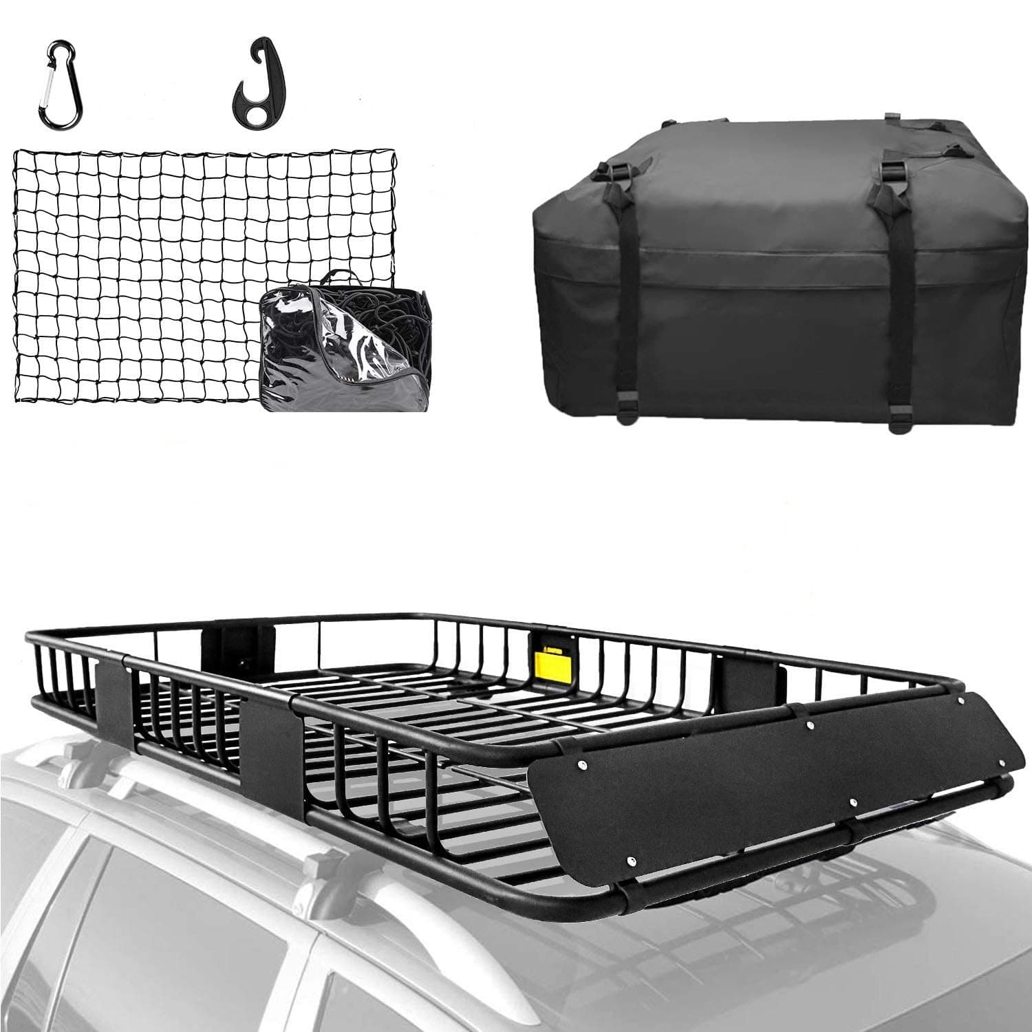 XCAR 64"x 39"x 4" Universal Roof Rack Basket Black with 3' x 4' Cargo Net and Rooftop Cargo Carrier Bag 15 Cubic ft - Car Top Luggage Storage Holder Baskets for SUV Truck Vehicle