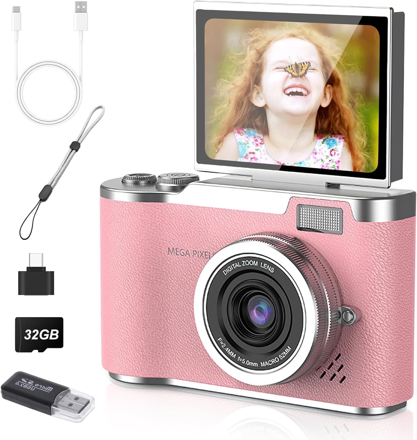Pink Kids Digital Camera with 2.4-Inch Screen 180° Flip Lens Video Recorder Durable Design for Boys & Girls (DDC-21)