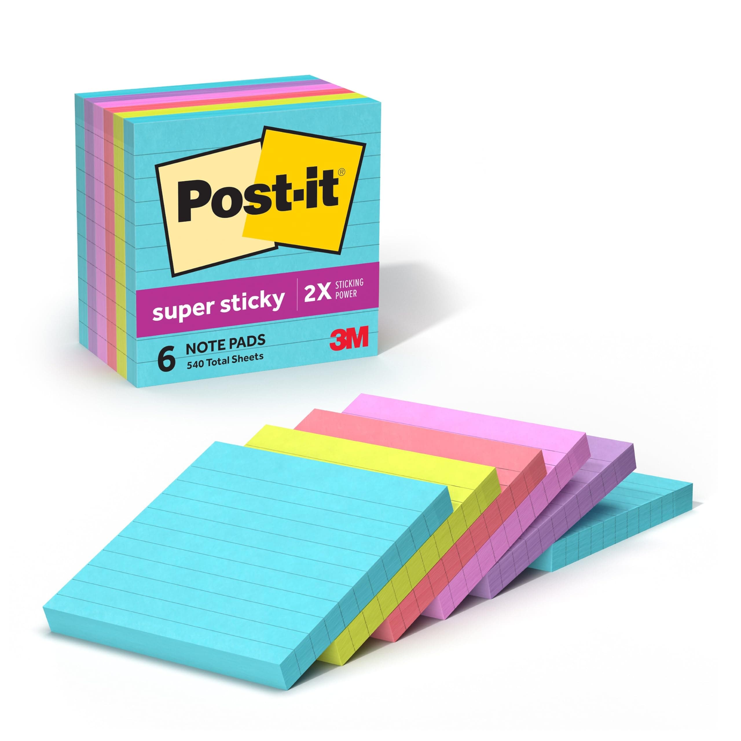 Super Sticky Notes, 6 Lined Sticky Note Pads, 4 x 4 in., School Supplies, Office Products, 2X the Sticking Power, Supernova Neons Collection