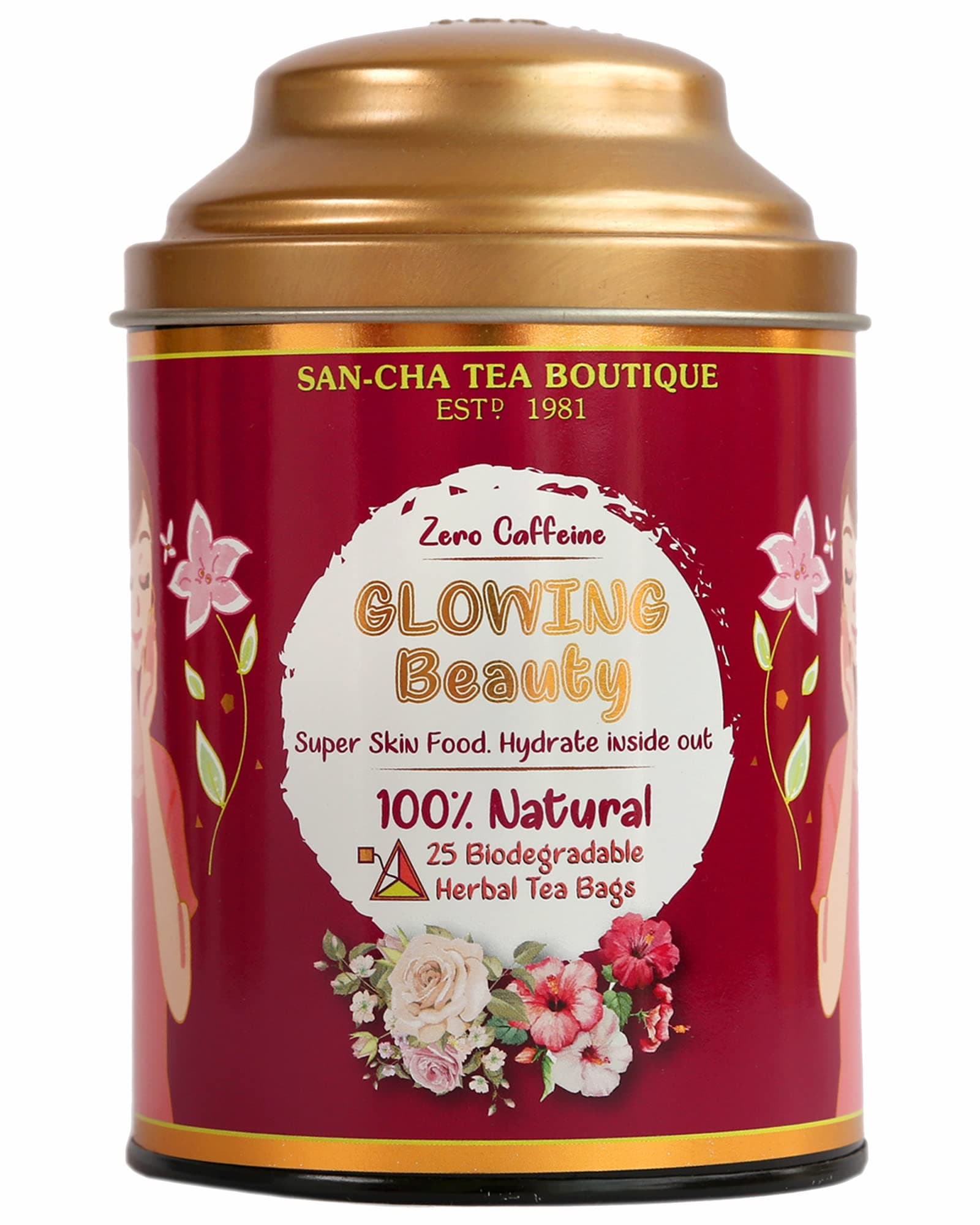 Sancha Tea Boutique, Glowing Beauty Tea, Caffeine Free Herbal Tisane, 25 Pyramid Bags, Supports Skin Glow & Skin Health