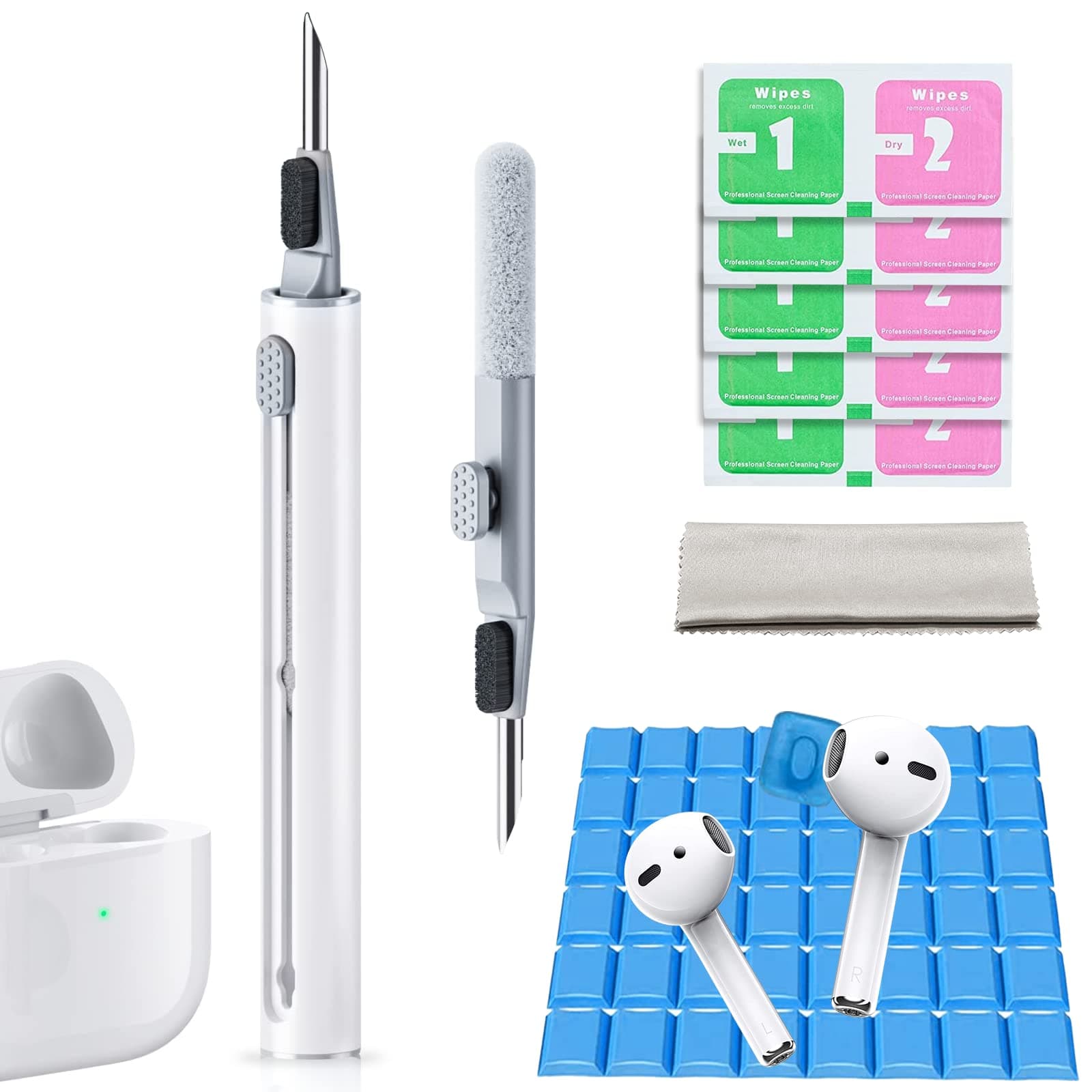 Airpods Cleaner Kit, Cleaning Kit for Airpods, Earbuds Wireless Earphones Cleaning Cleaner Kit, 3 in 1 Compact Portable Multifunctional Cleaning Kit (White)