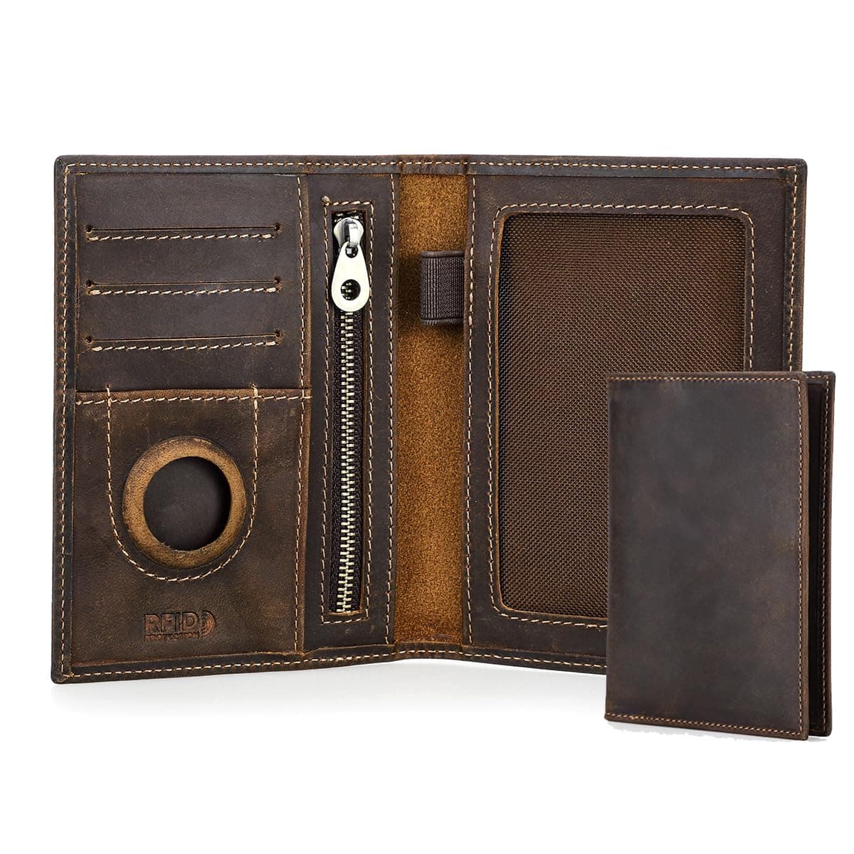 Full Grain Leather Passport Holder RFID Blocking Travel Passport Wallet Compatible with Airtag Passport Cover Case with 4 Cards Slots, Coin Pocket (Brown)