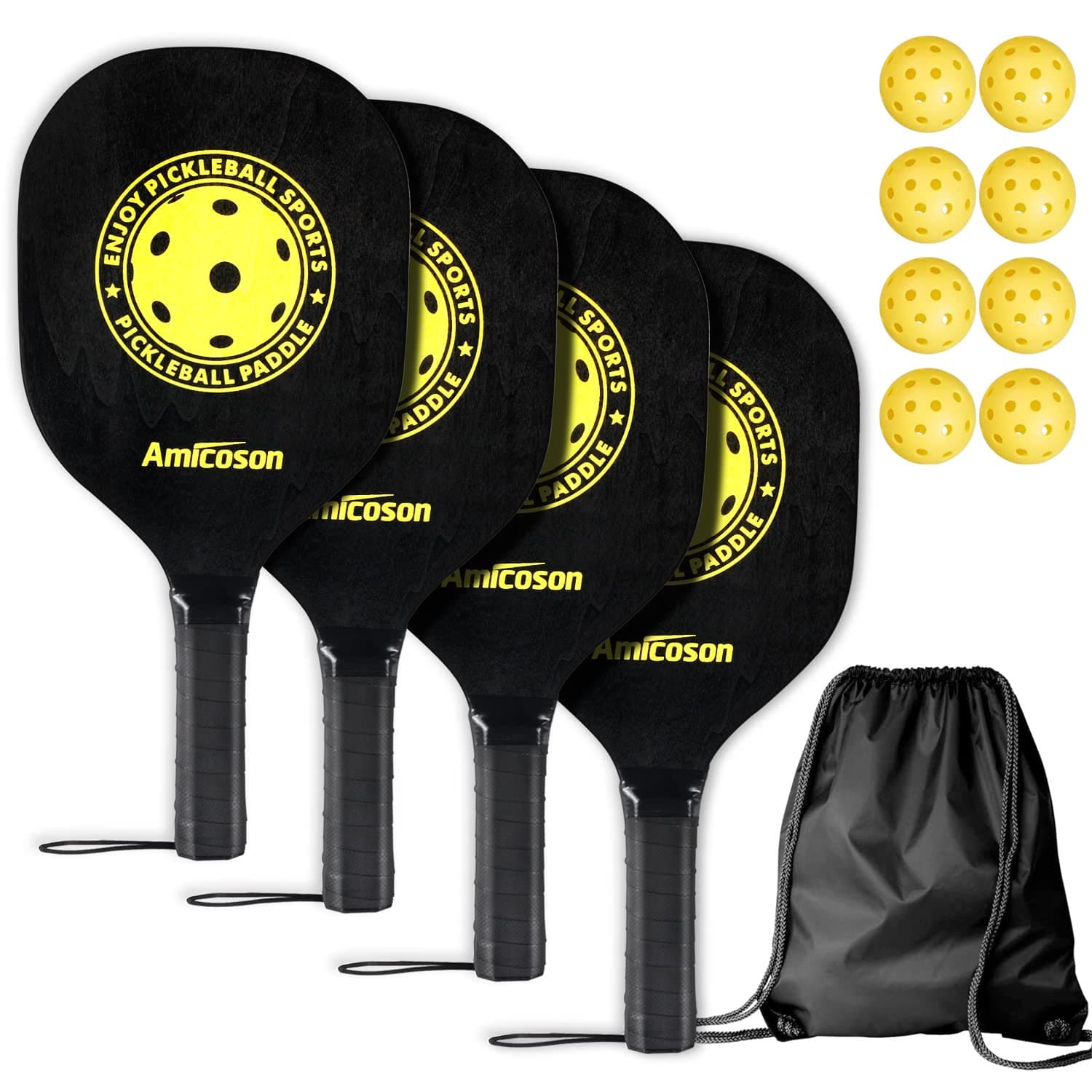 Pickleball Paddles - Set of 4 Wooden Paddles, Indoor & Outdoor Balls, Ergonomic Grip, 8 Balls & 1 Carry Bag