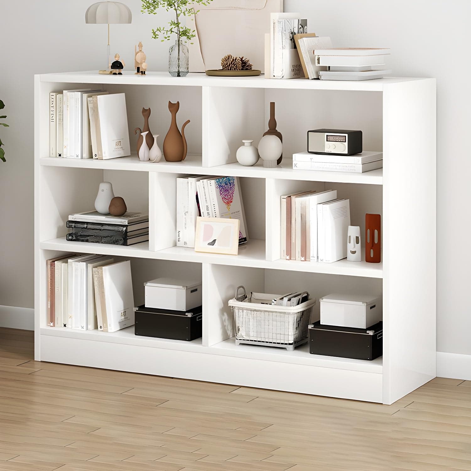 LITFAD Wood Modern Cube Bookcase with Closed Back and Multiple Shelves Floor Storage Cabinet for Home Office Study Room Library - White 39.4" L x 9.1" W x 39.4" H