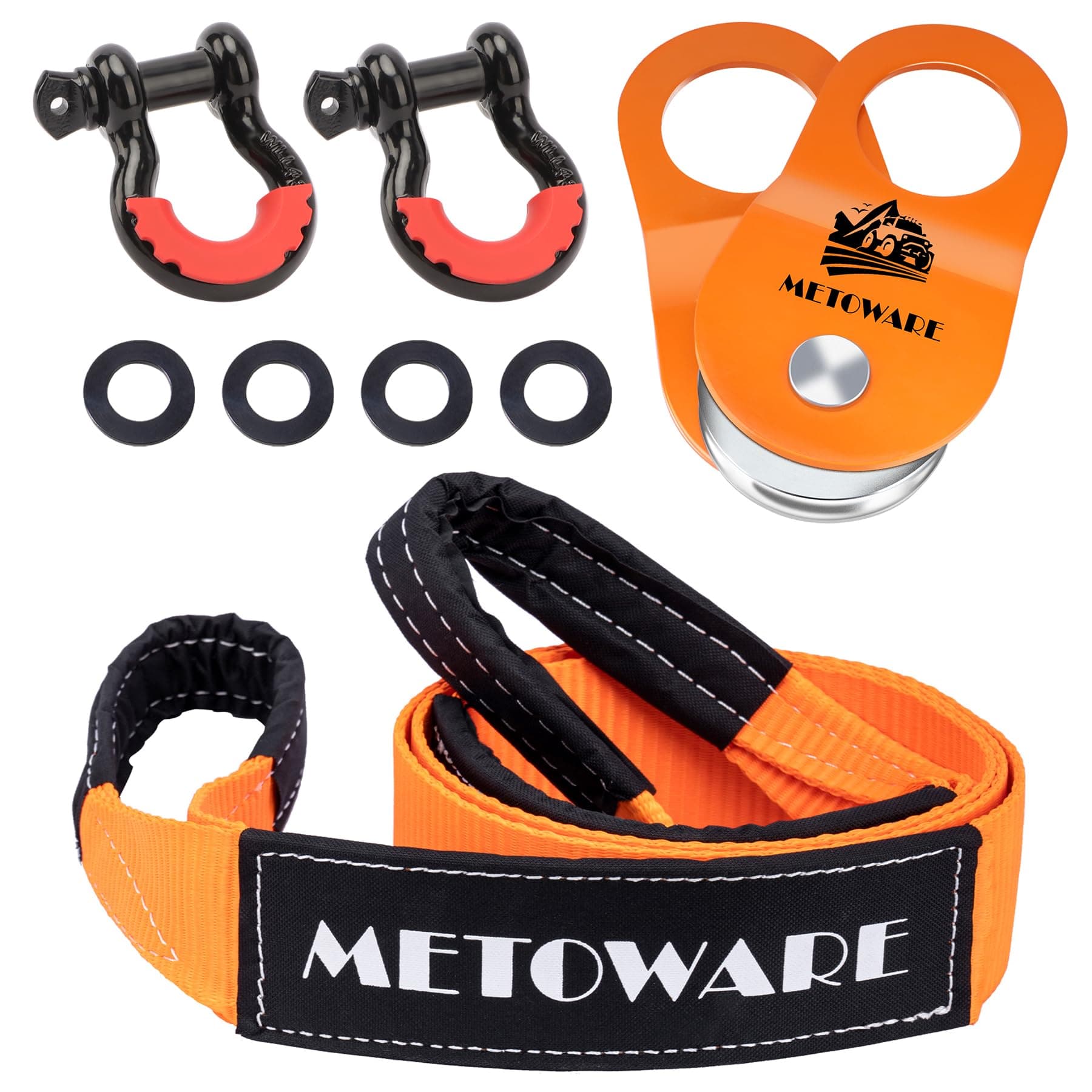METOWARE Offroad Recovery Kit - 3" x8' Tree Saver, Tow Strap with 2pk D Ring Shackles and 10 Ton Heavy Duty Snatch Block Pulley