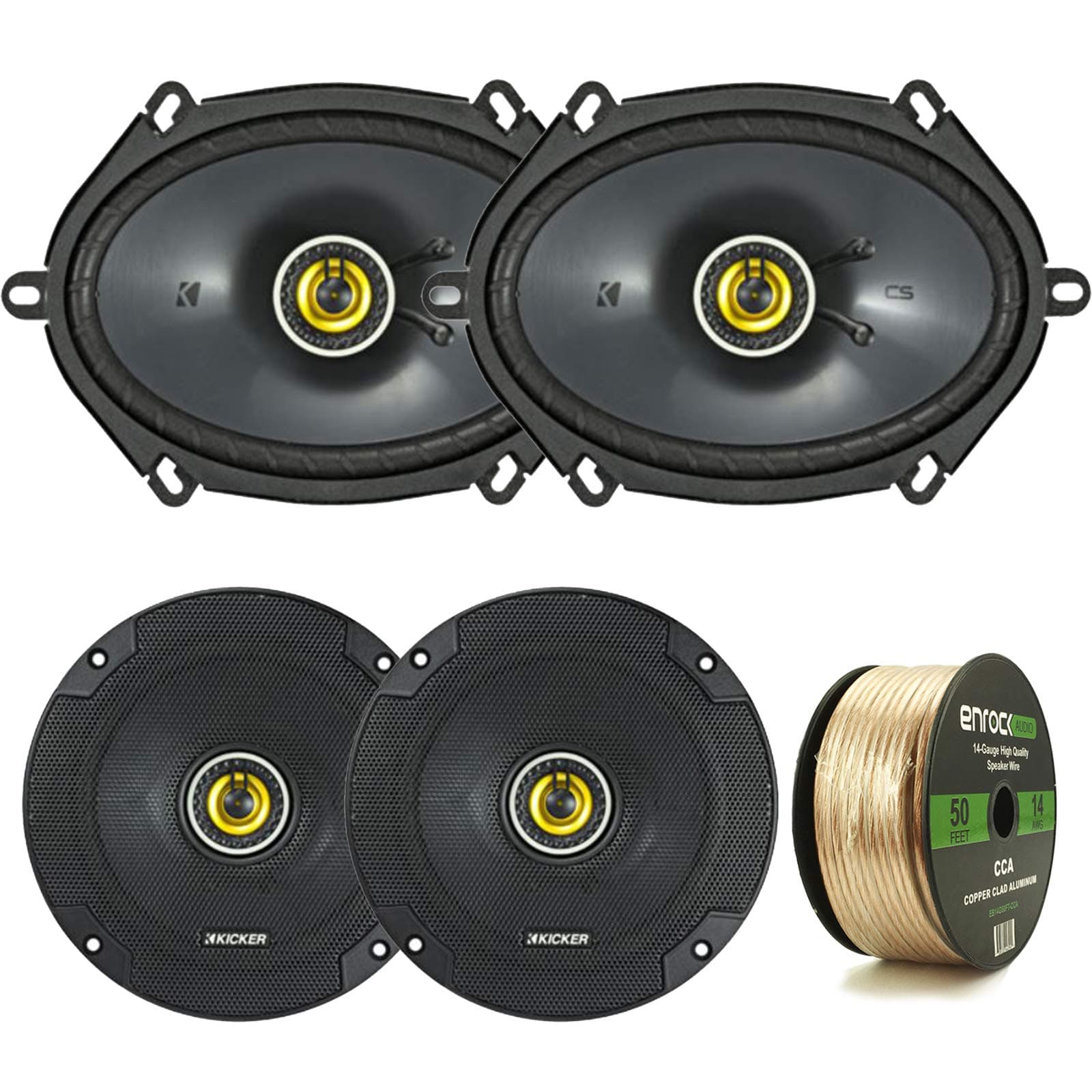 2 Pair Car Speaker Package: 2X Kicker 46CSC684 450-Watt 6x8 2-Way Black Car Coaxial Speakers + 2X CSC654 600-Watt 6-1/2" Inch 2-Way Speakers - Bundle Combo with Enrock 50 Foot 14 Gauge Speaker Wire