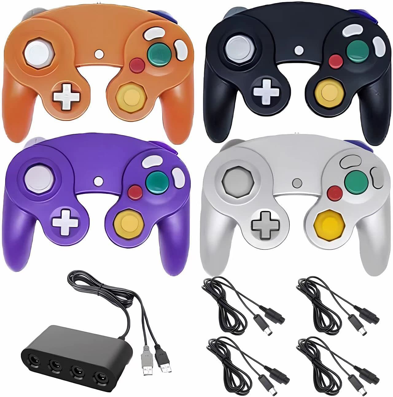 Poulep 4 Controllers for Gamecube,with 4 Extension Cables and 4-Port USB Adapter for Switch PC Wii U Console (BPOS)