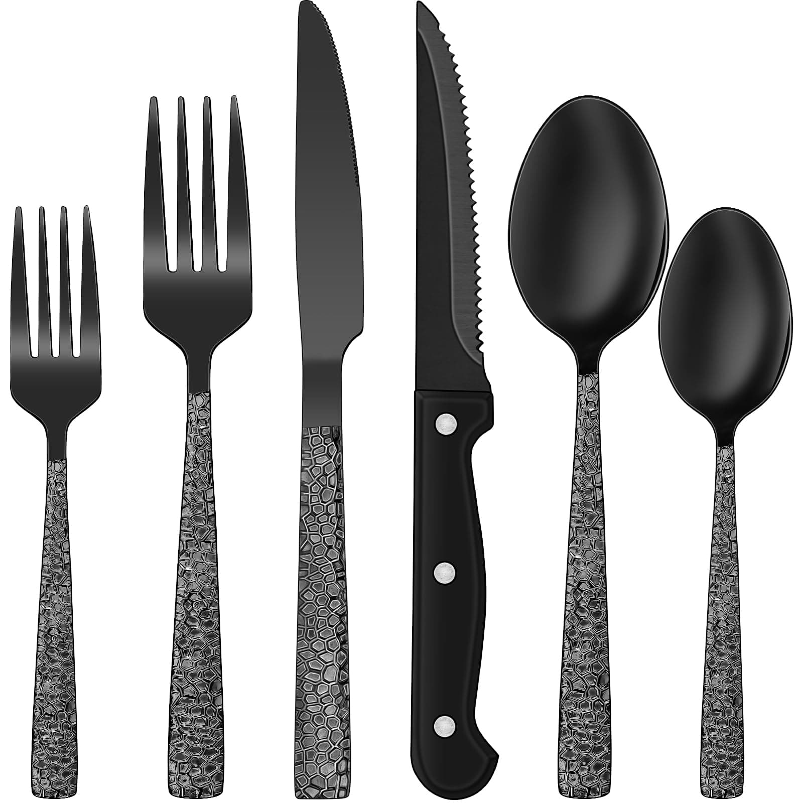 EWFEN Black Hammered Silverware Set, 24-Piece Stainless Steel Square Flatware Set with Steak Knives for 4, Food-Grade Tableware Cutlery/Utensil Sets for Home Restaurant, Mirror Finish, Dishwasher Safe