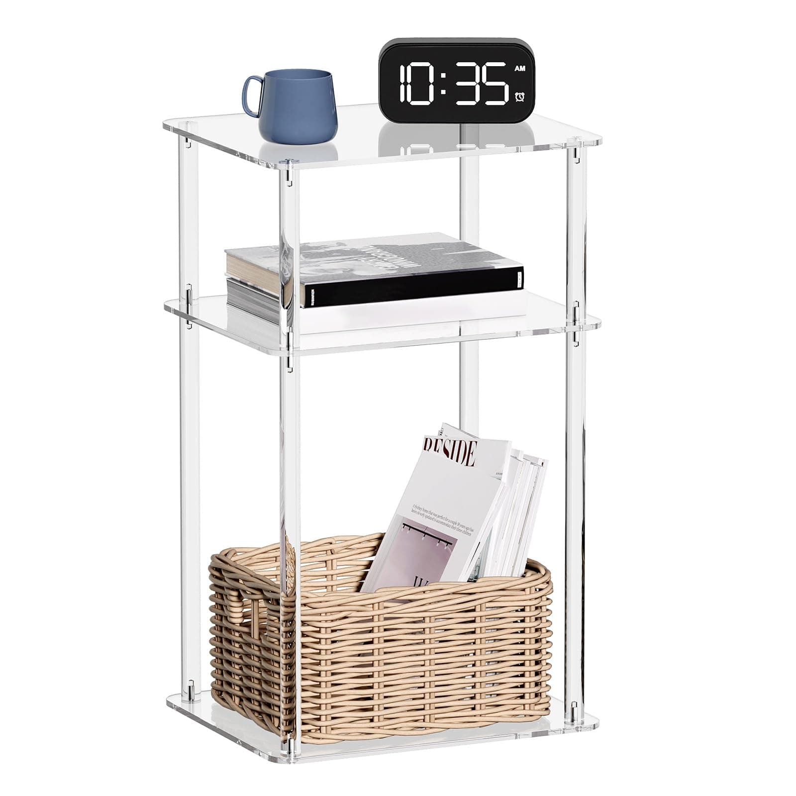 HMYHUM Acrylic End Table, 14" L x 11.5" W x 23.2" H Clear Lucite Side Table for Small Spaces Nightstand Bedside Table for Living Room, Bedroom, 3 Tier, Clear