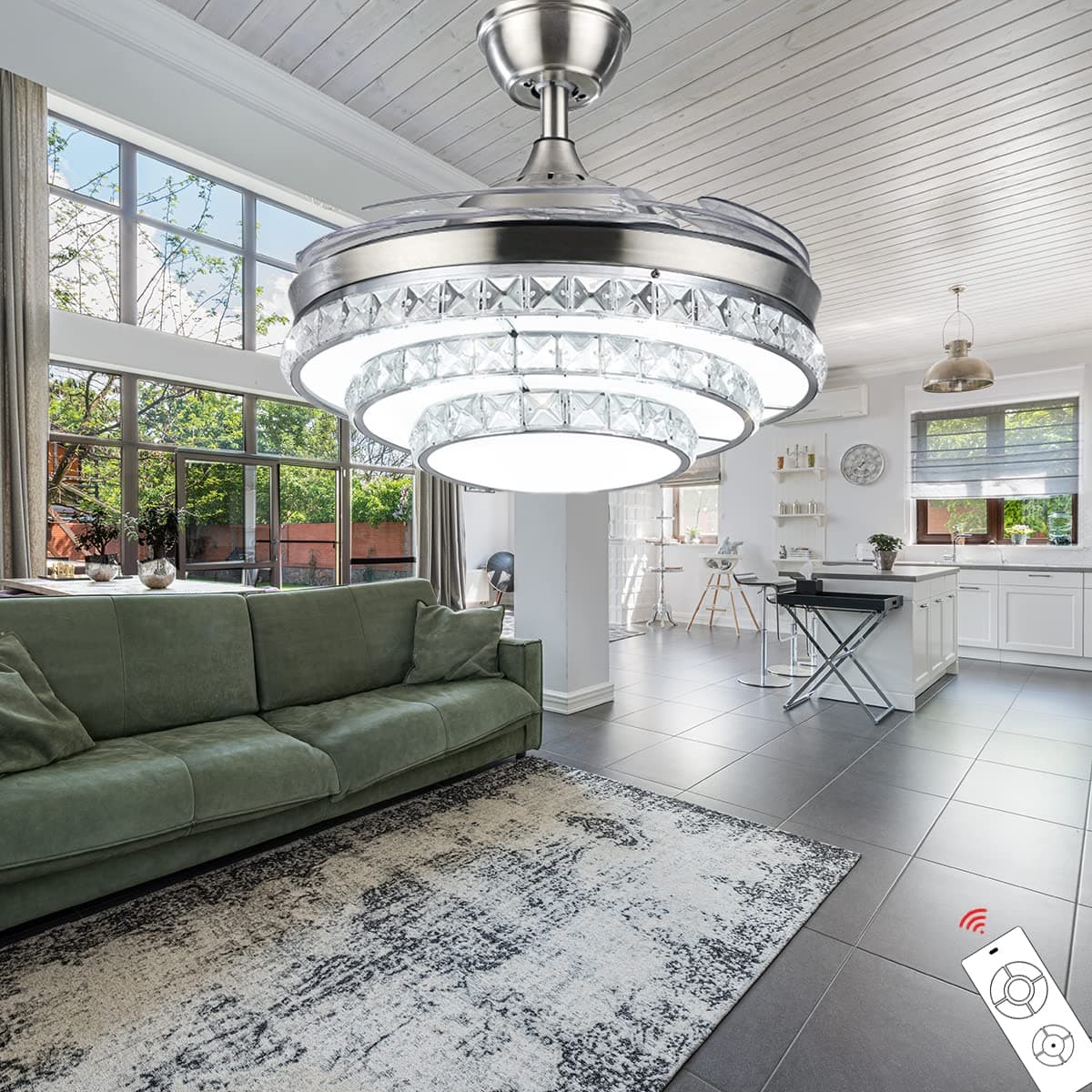 Fandian42” Crystal Ceiling Fans with Lights Remote Retractable Blades, 3 Color Changes, Chrome Chandelier Fixtures, Silent Motor with Remote Control (Chrome)