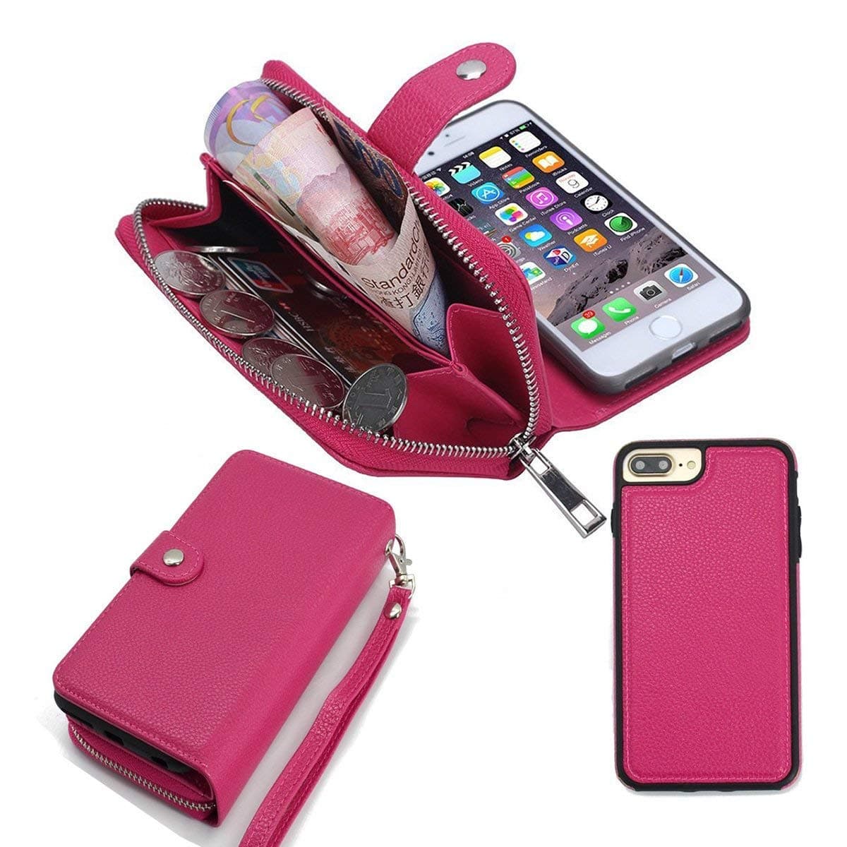 iPhone 8 Plus Case,iPhone 7 Plus Wallet Case,Detachable PU Leather Zipper Pocket Purse and Phone Protective Shell with Credit Card Holder,Wrist Strap Wallet Case for iPhone 8Plus 7Plus(Rose)