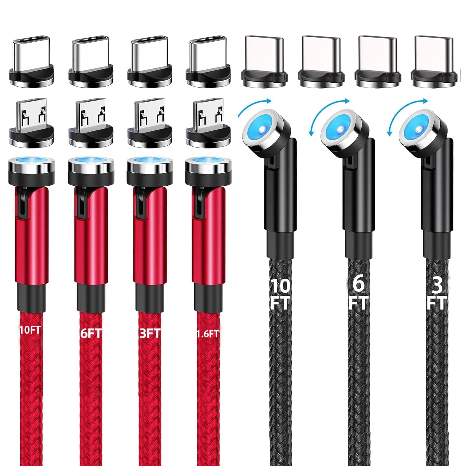540 Rotation Nylon Braided USB C Magnetic Phone Charger (7-Pack, 1.6ft/3.3ft/3.3ft/6.6ft/6.6ft/10ft/10ft) - 3 in 1 Magnetic Cable Compatible with Micro USB, Type C iProduct etc