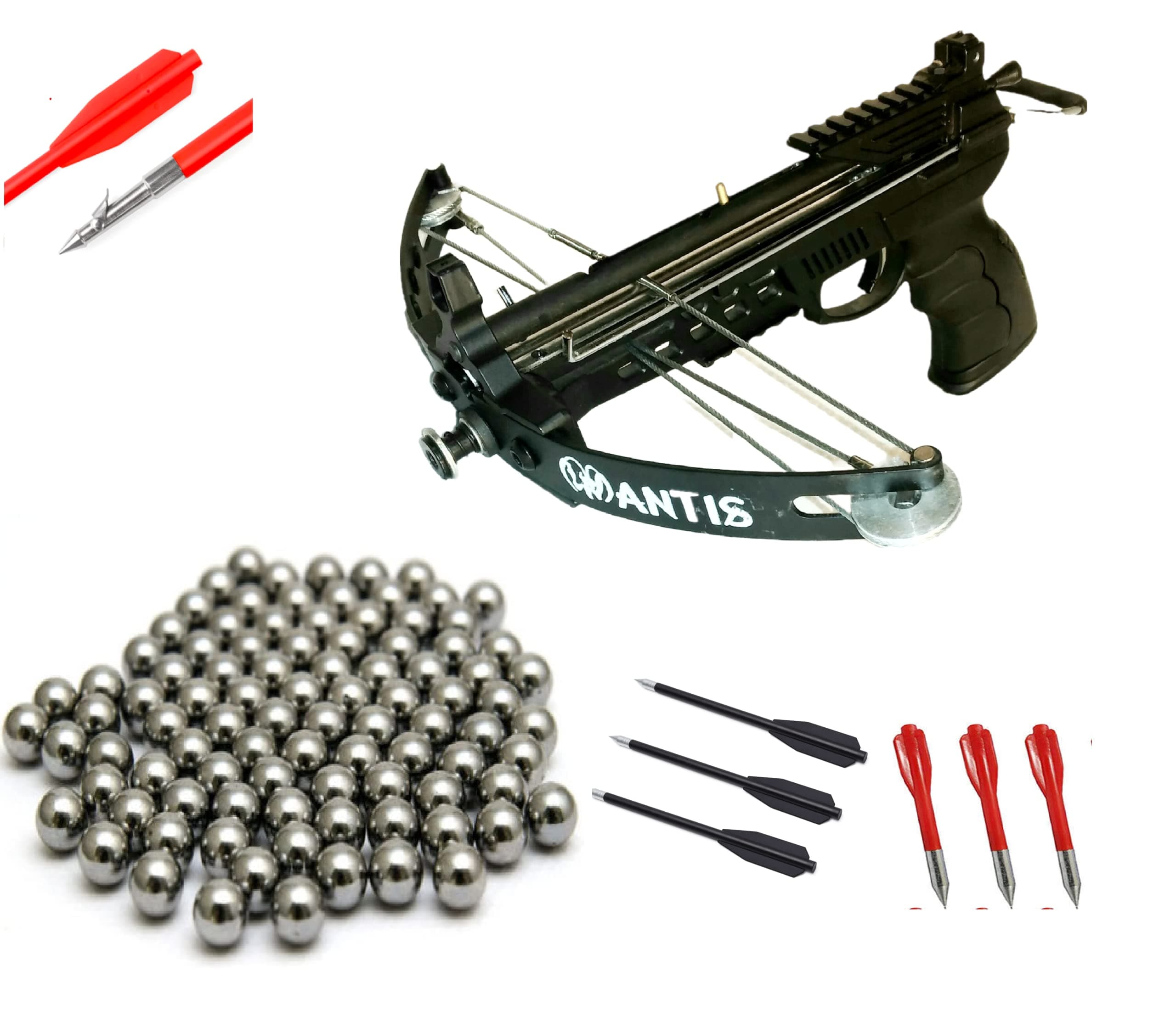 60lbs Mantis Compound Pistol Crossbow. Shoots Steel Balls and Regular Arrows. Featuring Fishing Spool and 15 Ball Magazine.