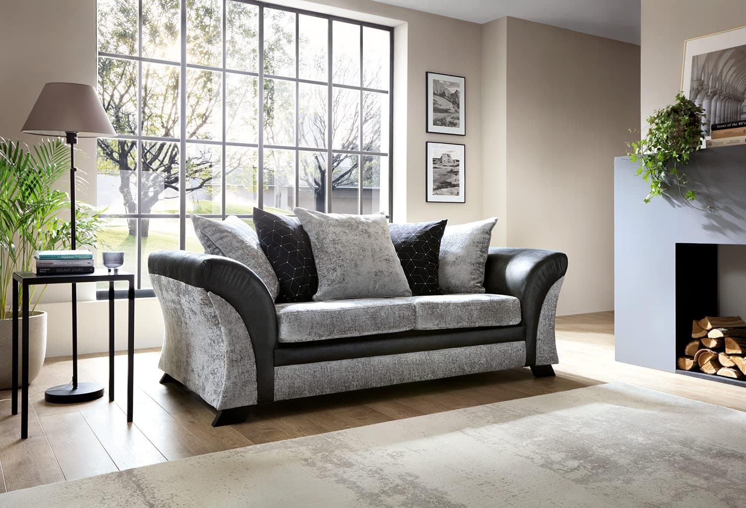 FARROW Chenille Fabric Corner Sofa, 2+3 Seater, Swivel Chair in Black & Grey (3 Seater)