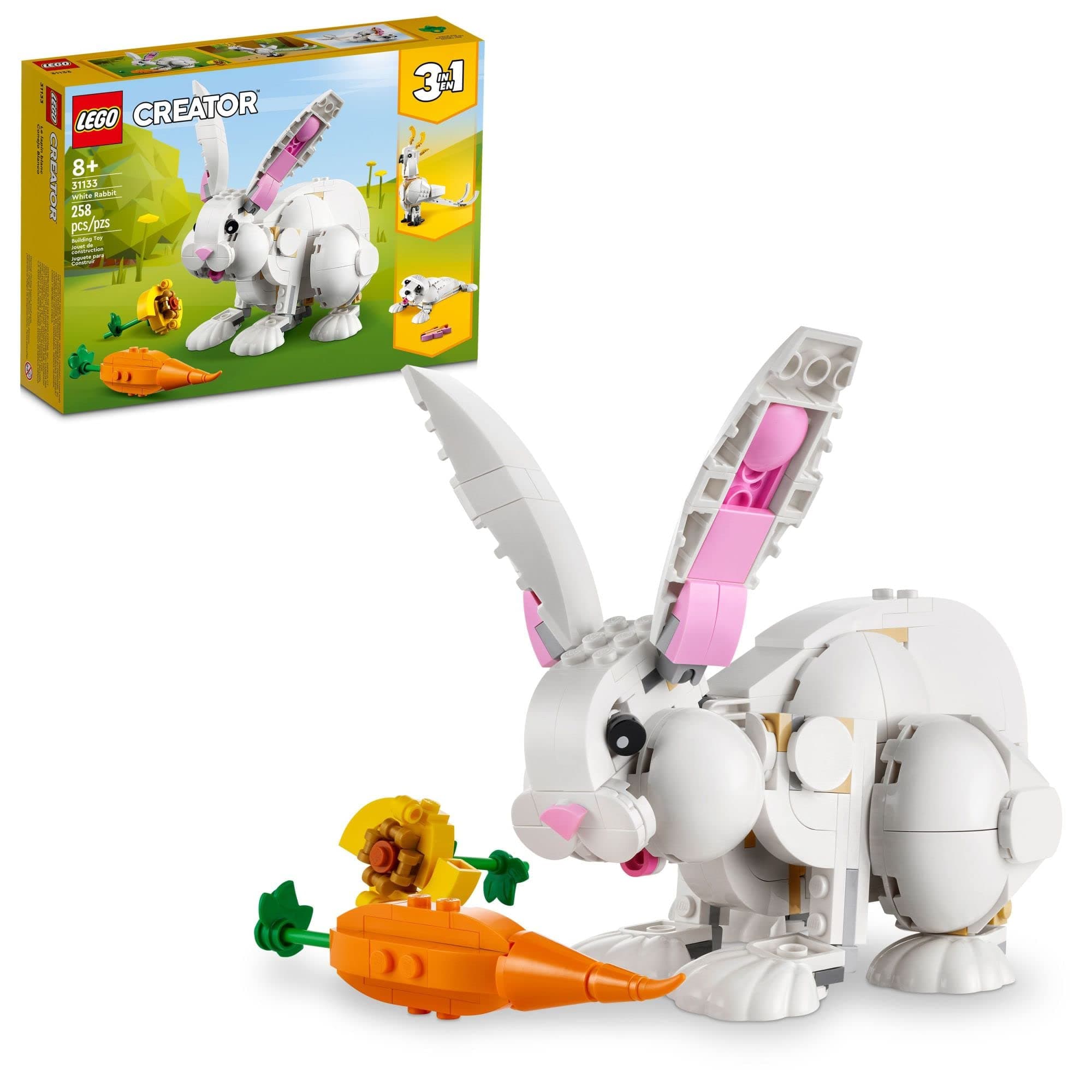 Creator 3 in 1 White Rabbit Animal Toy Building Set, STEM Toy for Kids 8+, Transforms from Bunny to Seal to Parrot Figures, Creative Play Building Toy for Boys and Girls, 31133