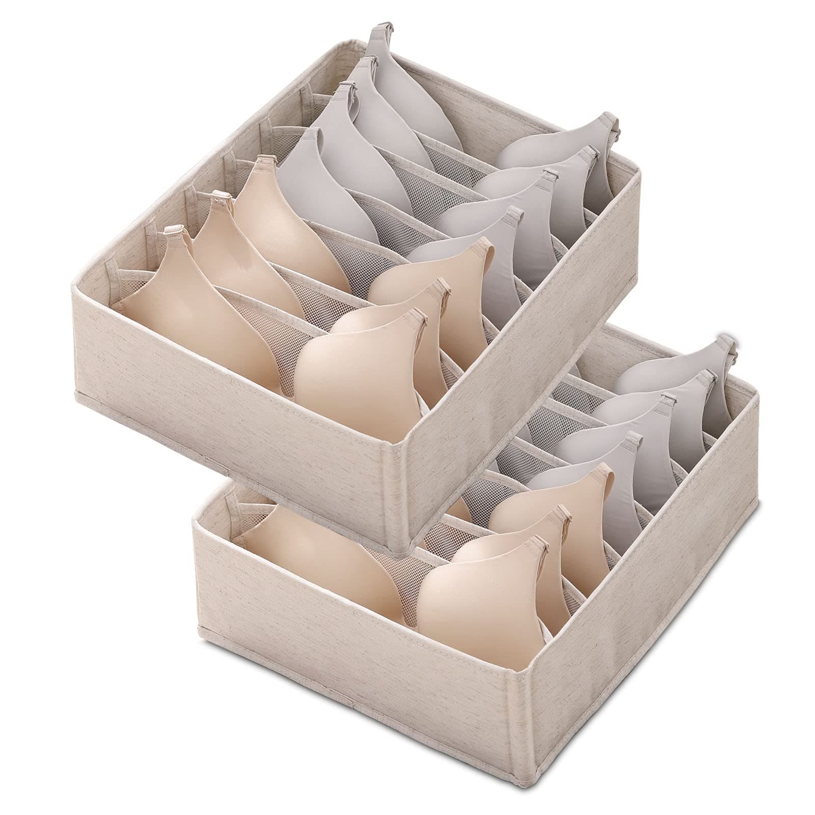 RTT Bra Organizer - Foldable Underwear, Socks and Bra Drawer Organizer With 7 Long Compartments - Easy To Assemble Closet Underwear Organizer Drawer Undergarment Organizer - Cream, 2 Pieces