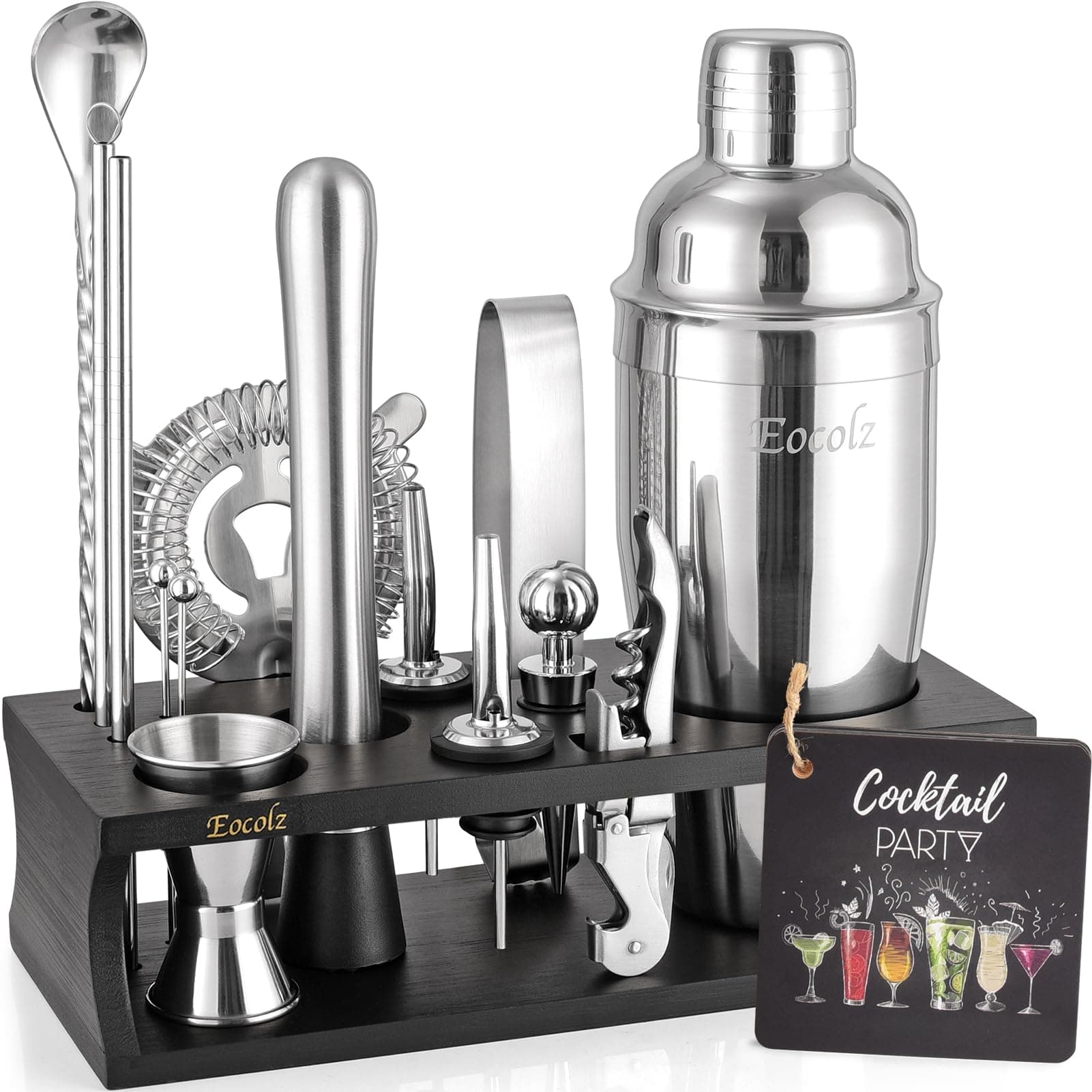 Cocktail Making Set, Cocktail Shaker Set 750ml Stainless Steel Bar Tool Set Bartender Kit with Bamboo Display Stand for Home & Bar (Black Silver - 17PCS)