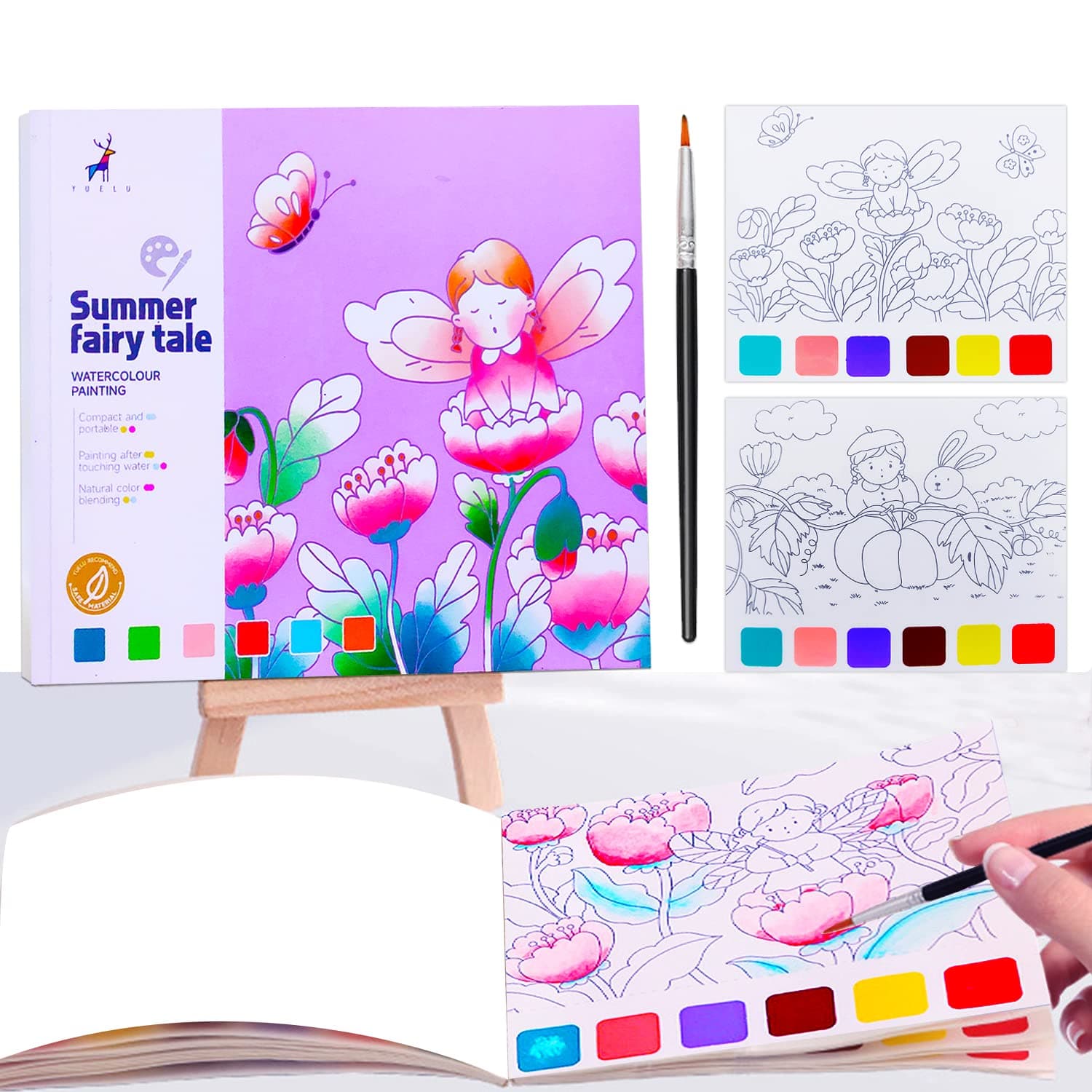 JUNQIU Watercolor Coloring Books for Kids Ages 4-8, Pocket Watercolor Painting Book for Toddlers, Arts and Crafts for Girls Gifts, Stocking Stuffers For Kids