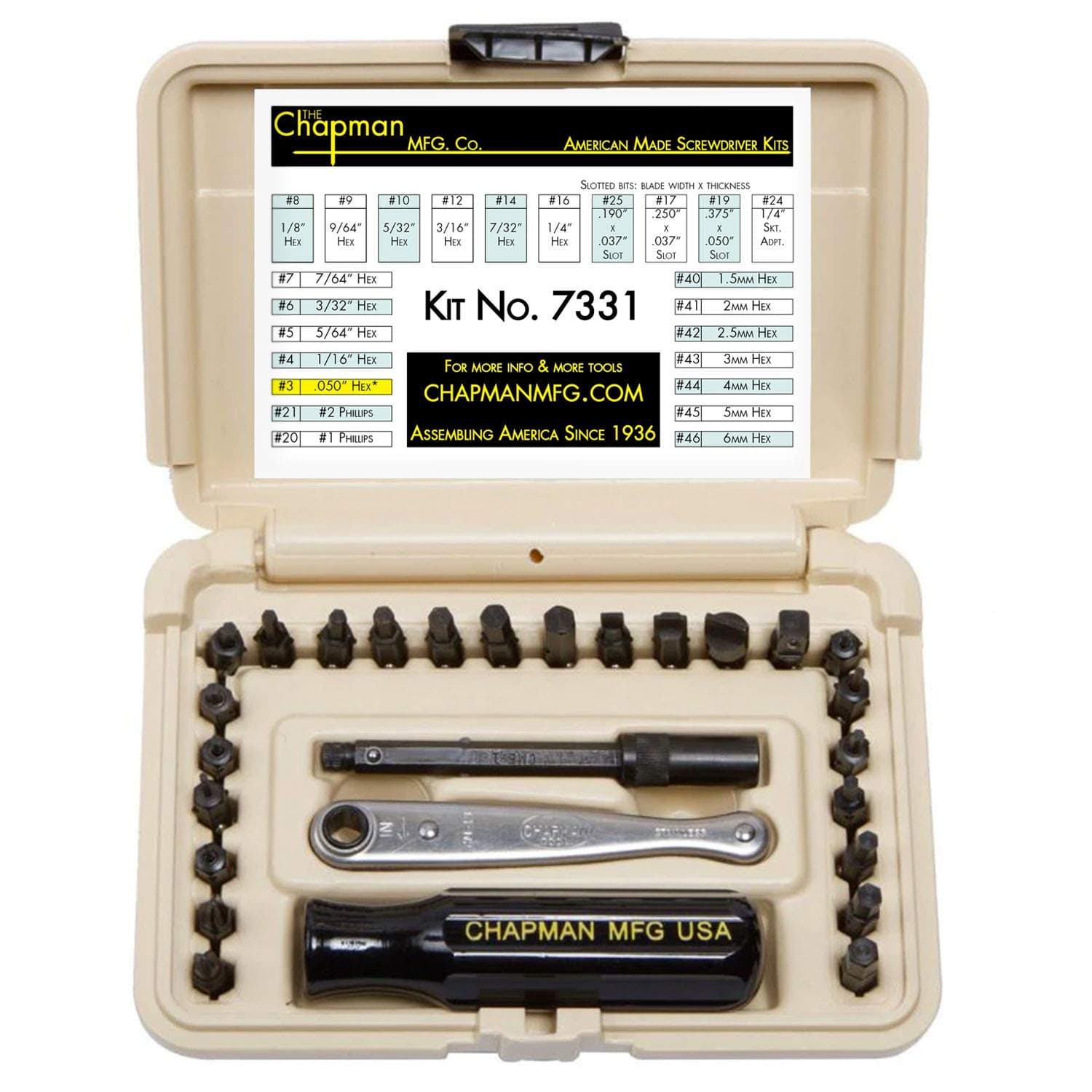 Chapman MFG 7331 All-Purpose Standard Screwdriver Set - Includes Phillips, SAE Allen Hex & Slotted/Flathead Bits, Complete Set Offers 24 USA Made Insert Bits + Mini Ratchet Hand Tool (Desert Tan Case)