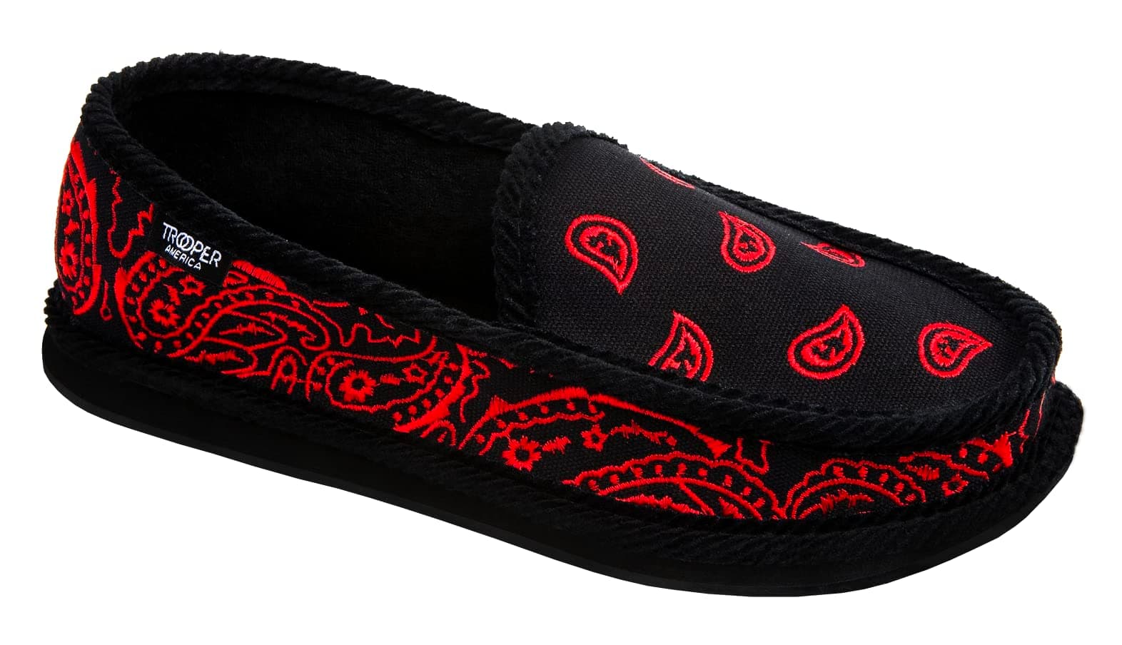 Men KS-002E Black/Red Embroidered Bandana Paisley Slip-On | Cozy, Colorful House Shoe Slippers | Ultra Cushion For Indoor and Outdoor