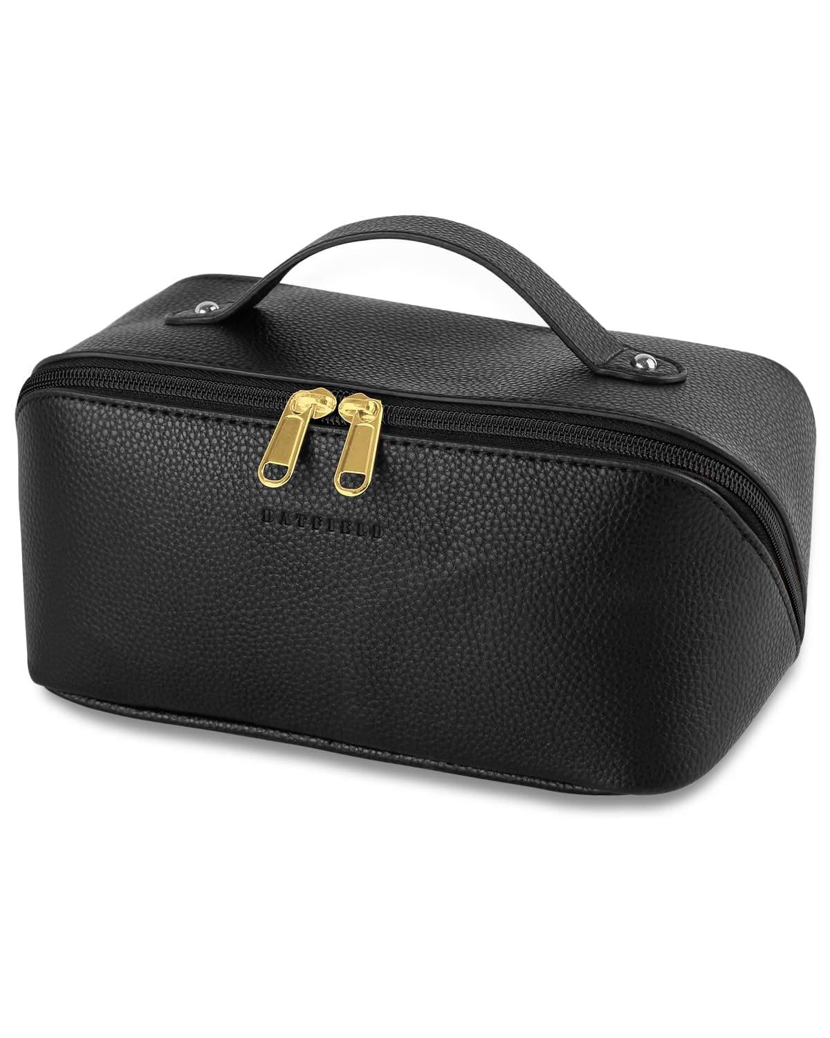 Cosmetic Bag For Women,Litchi Pu Leather Makeup Pouch For Women,Large Capacity Cosmetic Travel Bag,Portable Makeup Kit Storage Bag With Handle And Divider,Makeup Organizer Bag (Black),12 cm