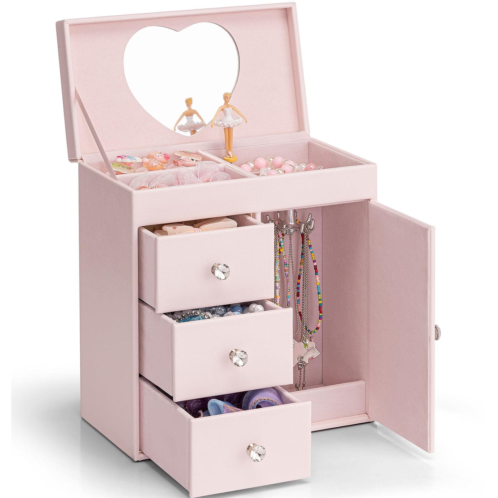 Vlando Musical Jewelry Box for Girls - Valentines Day Gift for Kid - Large Kid Music Box with Ballerina for Birthday Bedroom Decor, 4 Layer Girl Jewelry Gifts for Girls Kids - Light Pink