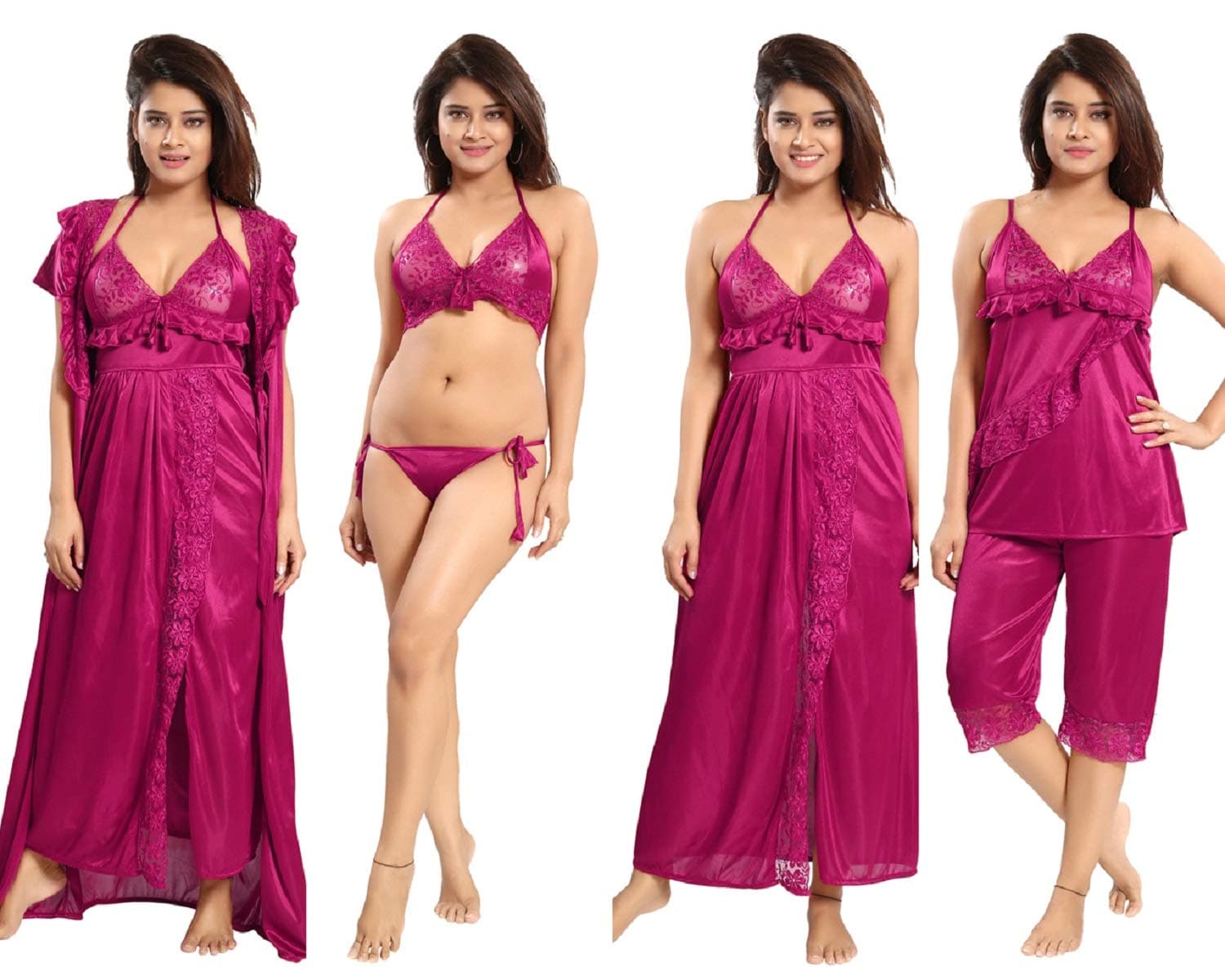 Women's Satin Nightwear Free Size Set of 6 Pcs Robe with Nighty, Top with Capri, Bra & Thong