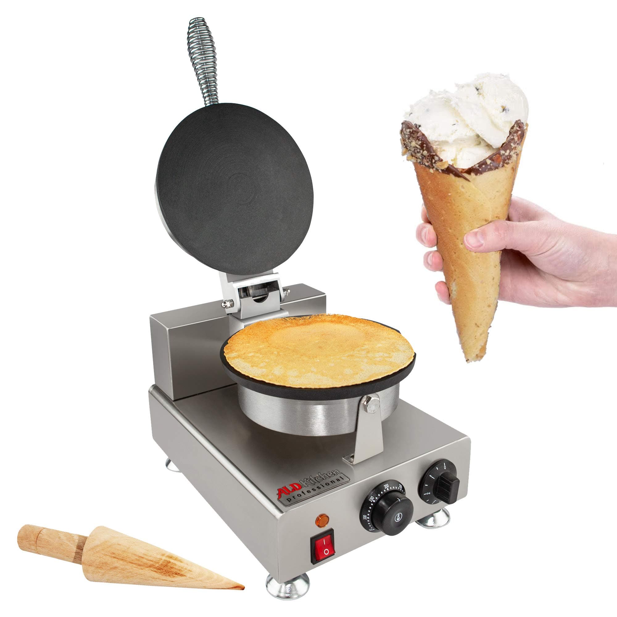 Waffle Irons, 1250W 110V Ice Cream Machines Commercial Electric Ice Cream Waffle Cone Maker Stainless Steel Nonstick Egg Biscuit Roll Maker Machine Bake Machine Baker Pastry Making Baking Tools Roll Ice Cream Cone Maker, USA STOCK