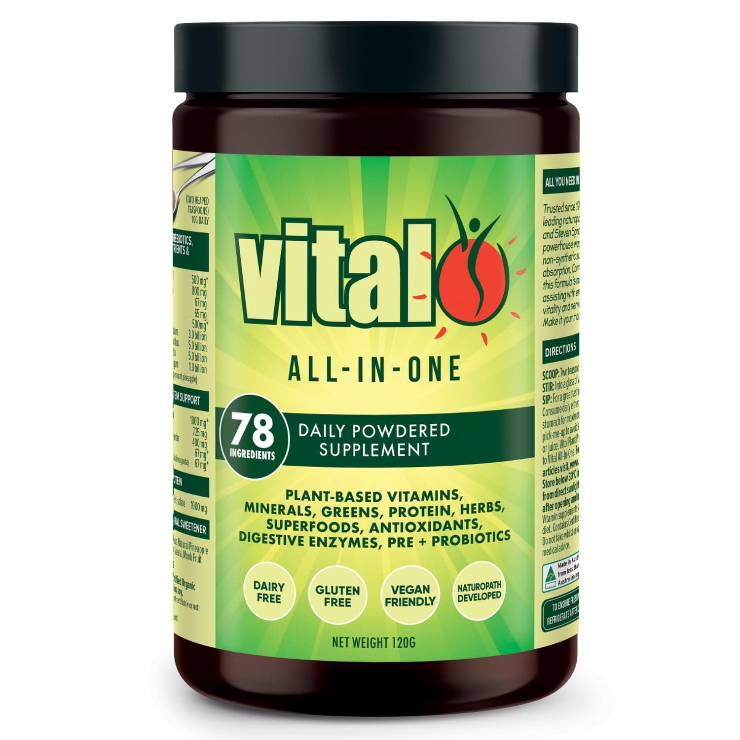 Vital All-in-One Daily Powdered Supplement - Natural Greens Superfood Powder for Energy & Health, Super Greens Powder Drink Mix with Probiotic & Antioxidant Support - 4.23 oz (12 Servings)