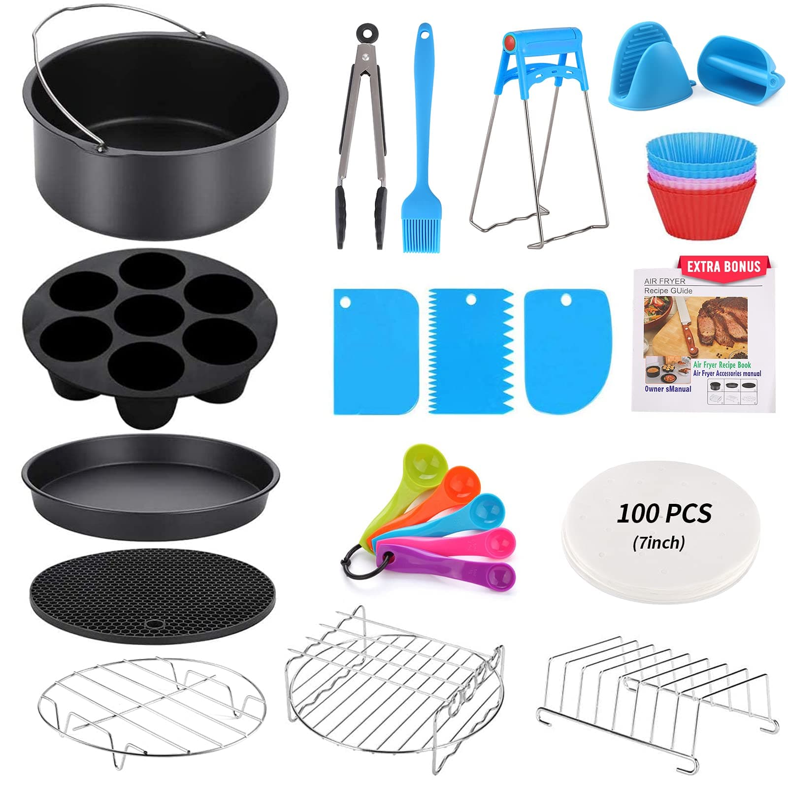 BotaBay Air Fryer Accessories, 25 Pcs Fit 3.2-4.2-5.8QT Air Fryer, 7 Inch Cake Pan, Pizza Pan, Silicone Egg Mold, Baking Cup, Skewer Rack, Parchment Paper, Measuring Spoon, Recipes Cookbook