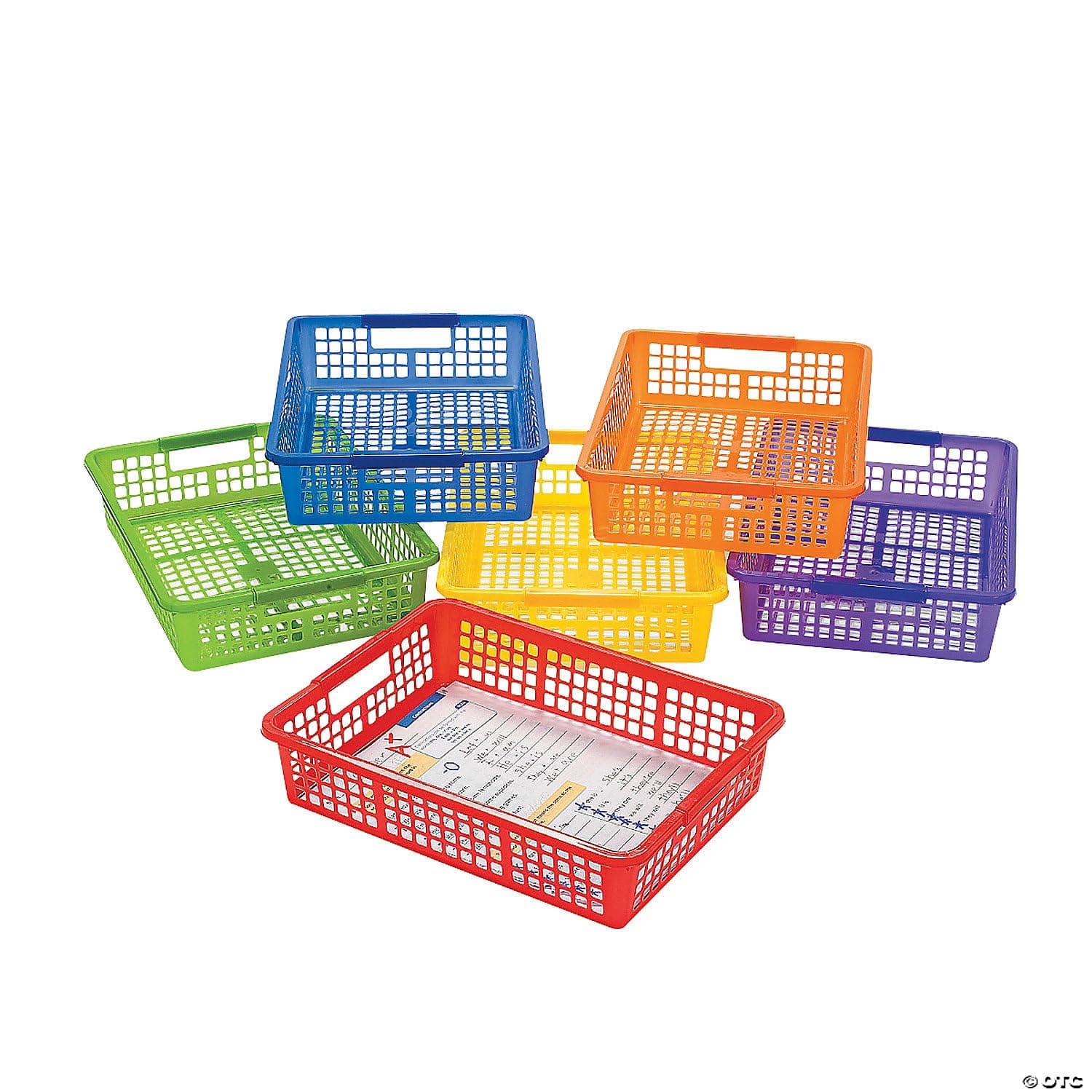 Fun Express Stackable Storage Bins 13x9.75x3 Inch - 6 Pack Colorful Plastic Storage Baskets with Handles for Classroom Organization | Paper Trays for Teachers, Office Storage & Home Organizing