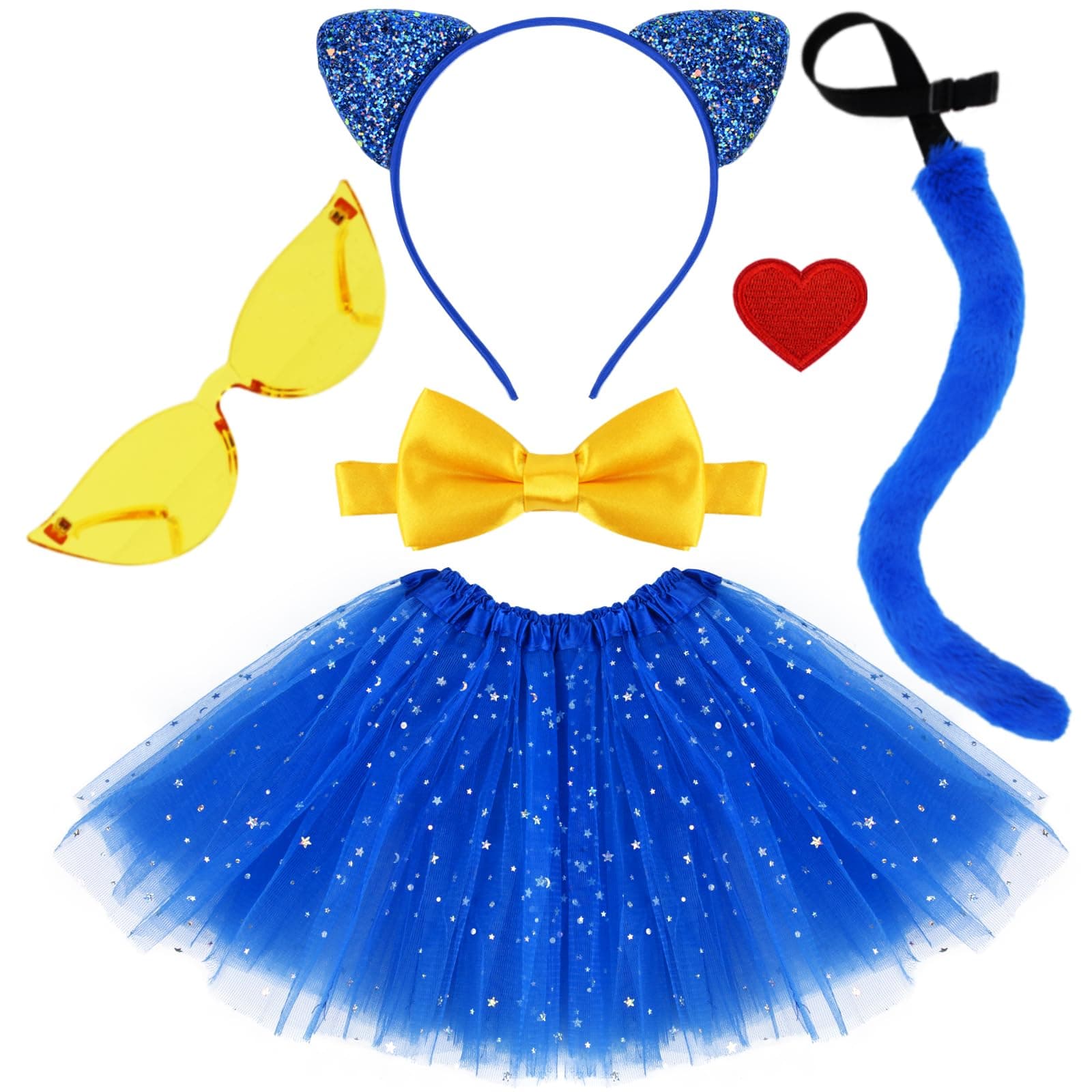 Blue Cat Costume Cat Ears Fur Tail,Blue Sequin Tutu Bowtie Cat Sunglasses Accessories Set for Kids Halloween Party Dress Up