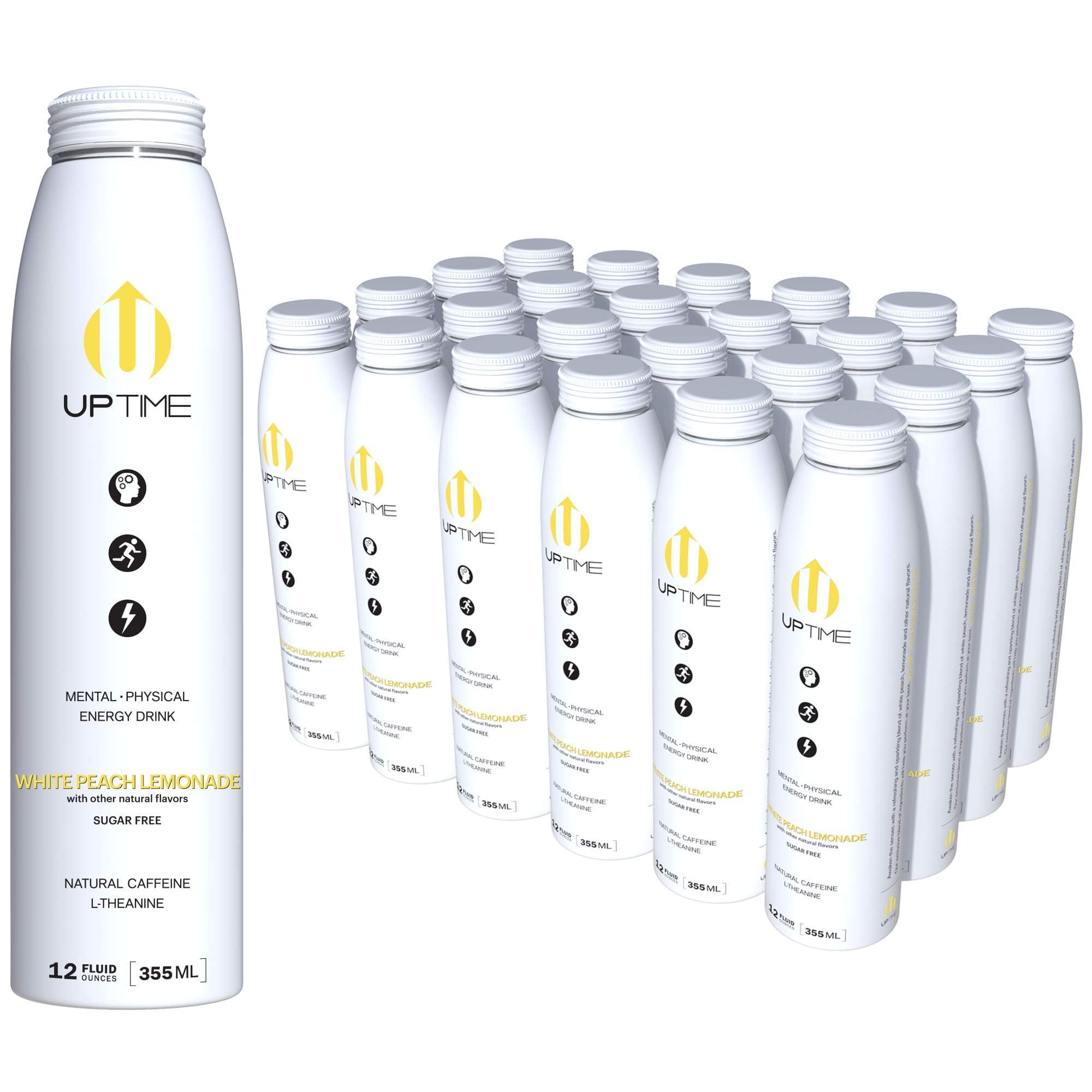 Premium Energy Drink, White Peach Lemonade - Sugar Free, 12oz Bottles, (Case of 24), Better for You, Natural Caffeine, Sparkling