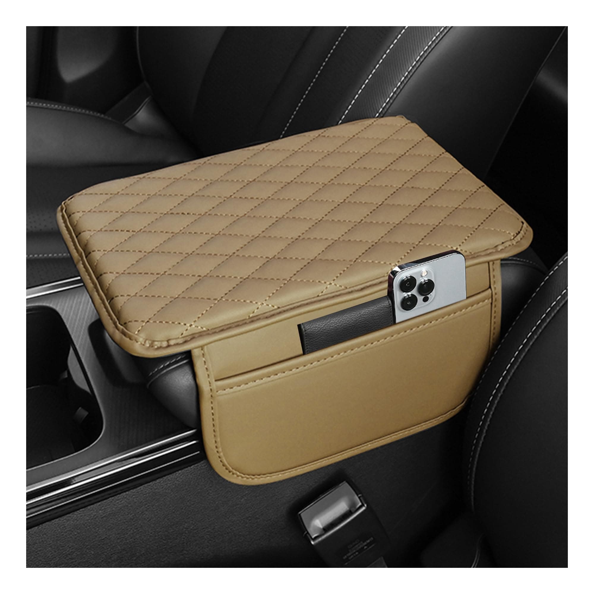 Upgraded Car Center Console Cover,Microfiber Leather Car Armrest Cover Cushion with 2 Storage Bags,Universal Car Armrest Storage Box Car Interior Accessories for Most Vehicles (Beige)