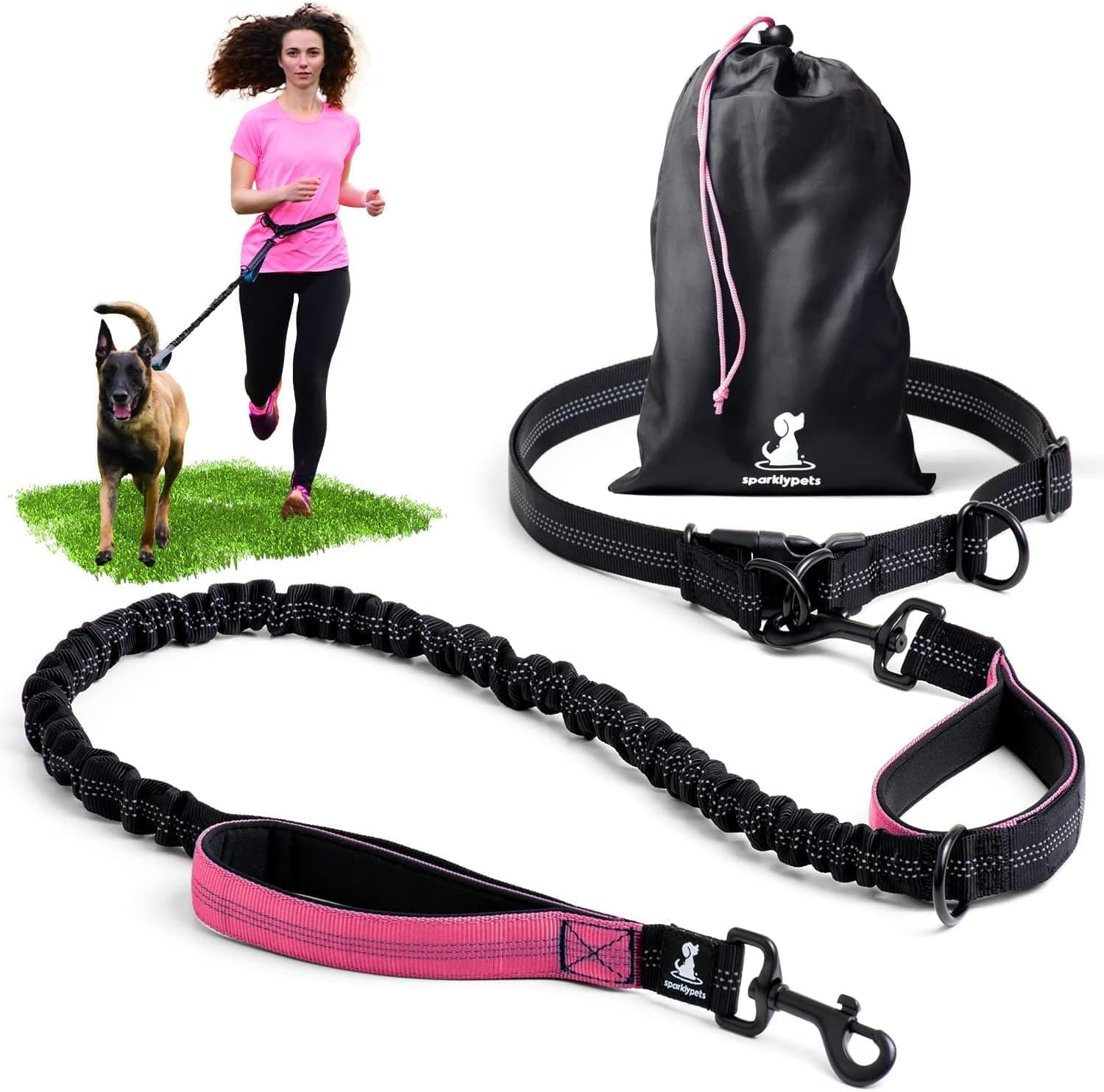 SparklyPets - Hands Free Dog Lead for Medium and Large Breeds - Professional Waist Leash for Walking, Hiking, Training, Jogging, Canicross, Running with Reflective Stitches (Pink, For 1 Dog)