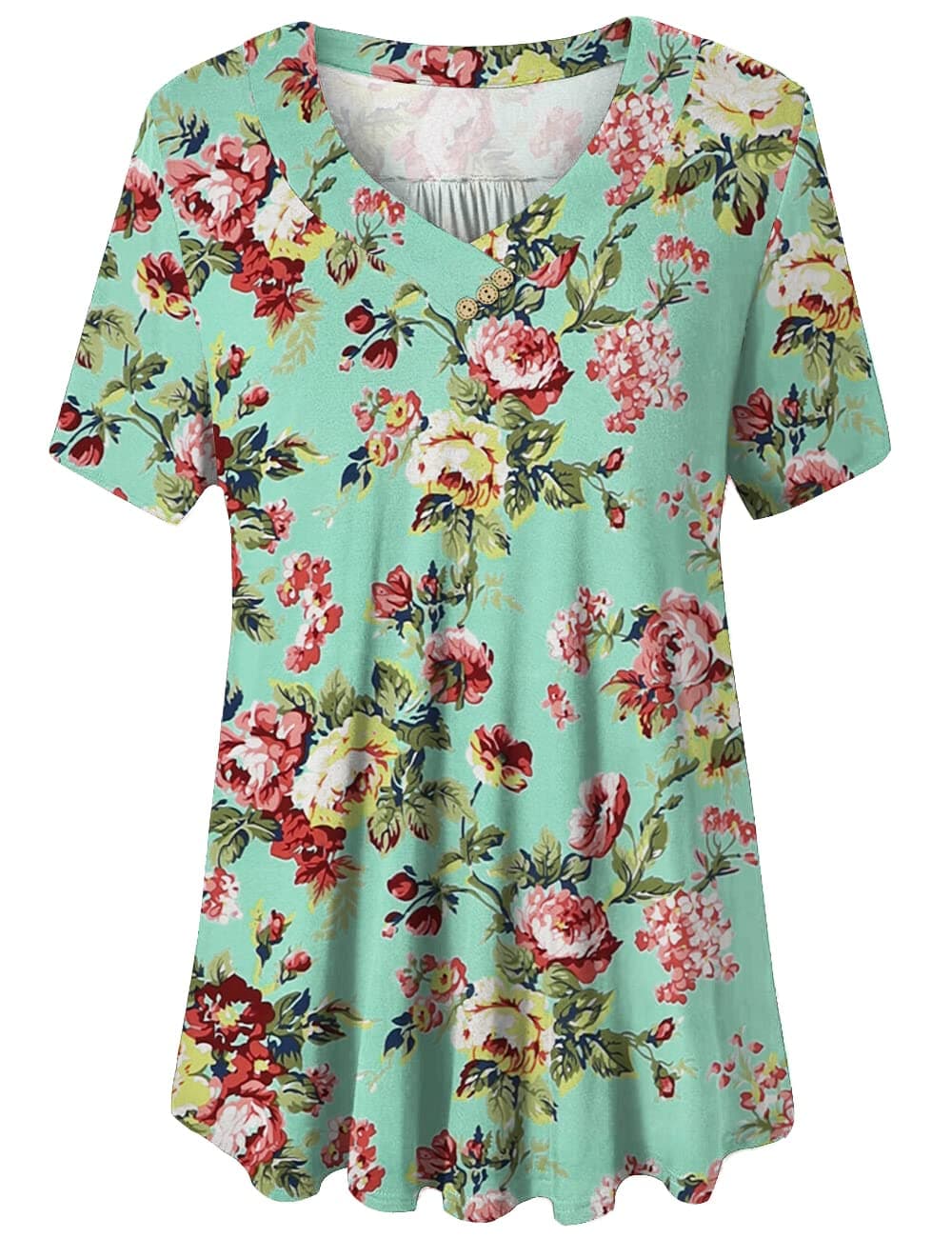 FOLUNSI Women’s Plus Size Short Sleeve Henley Shirt V Neck Floral Blouses Tunic Tops M-4XL