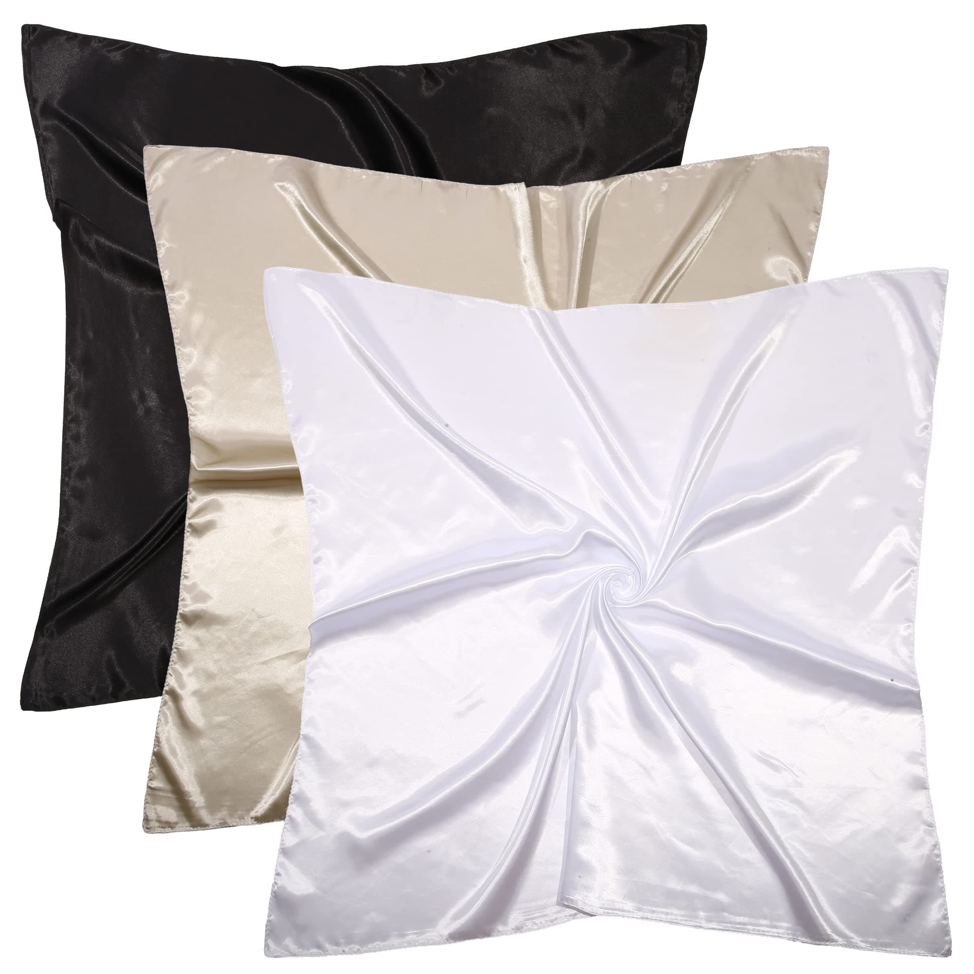 DOOBO3 Pcs 35 Inches Silk Scarf Silk Bandana Silk Head Scarf Satin Head Scarf Hair Scarf Silk Hair Wrap Neck Scarf Square Scarf for Women Girls(White,Black,Khaki)