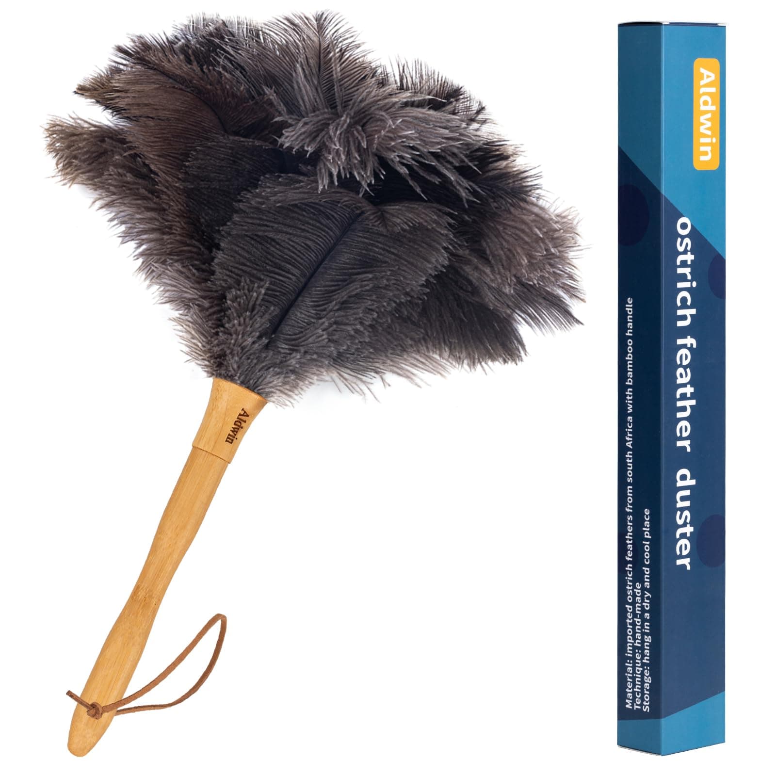 Genuine Ostrich Feather Duster, 16 inch Gray Ostrich Feather Duster with Wood Handle, Reusable Car Dusters, Eco-Friendly Handheld Cleaning Dusters for Home, Office and Kitchen