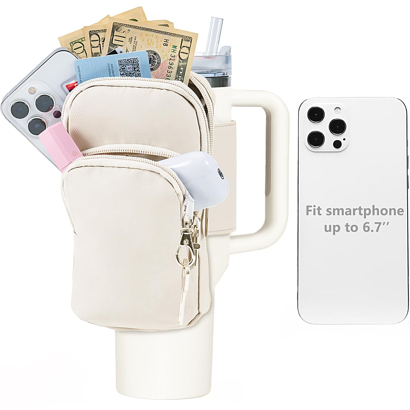 SUITMAT Water Bottle Pouch for Stanley Quencher H2.0 FlowState Tumbler, Large Pouch Bag for Stanley Cup Accessories, Cup Backpack with Multiple Pockets for Phone, Cards, Keys (Bag Only)