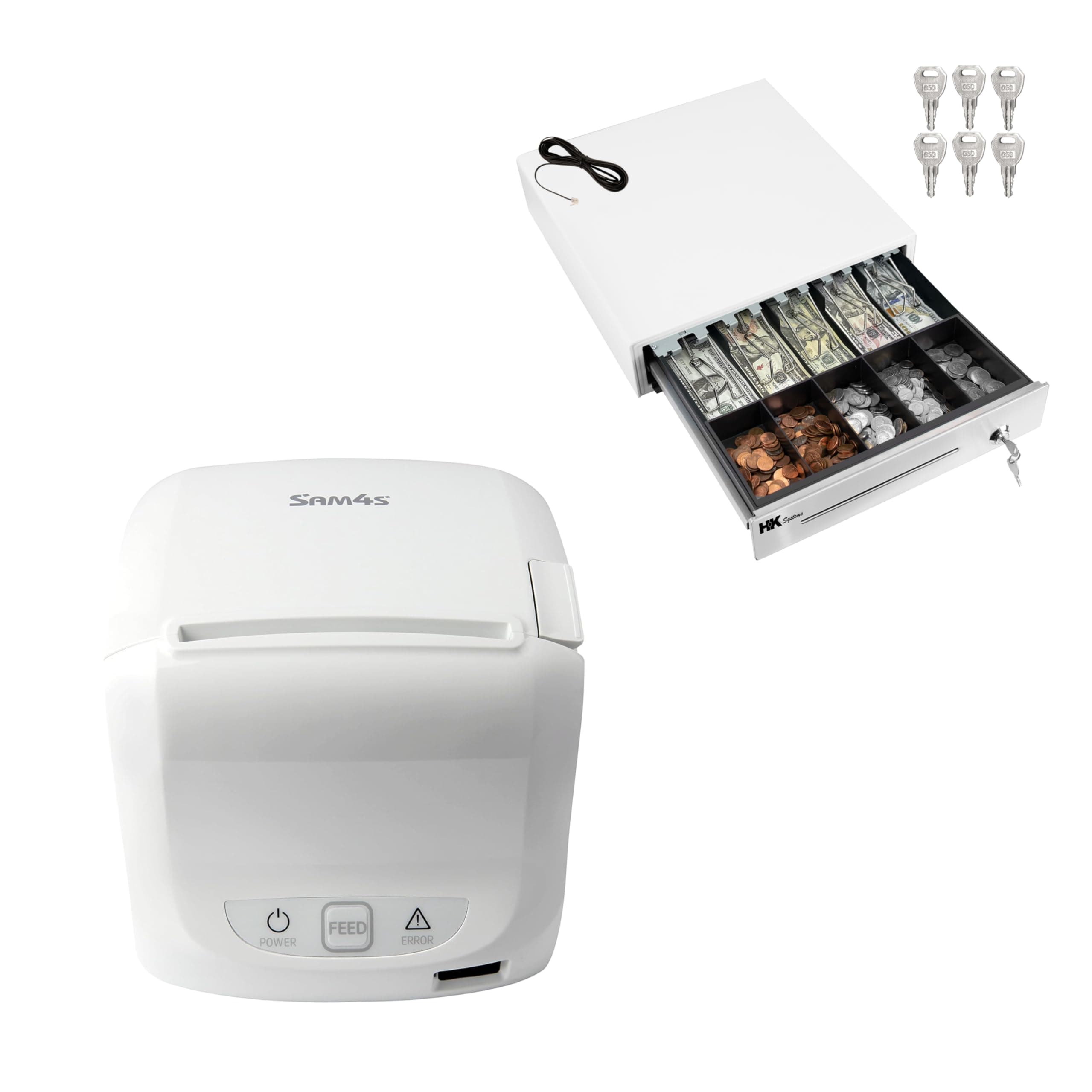 SAM4s White GIANT-100 Compact 3" Thermal POS Printer USB Serial Ethernet, Splash Cover Included with HK Systems 16" White Cash Drawer