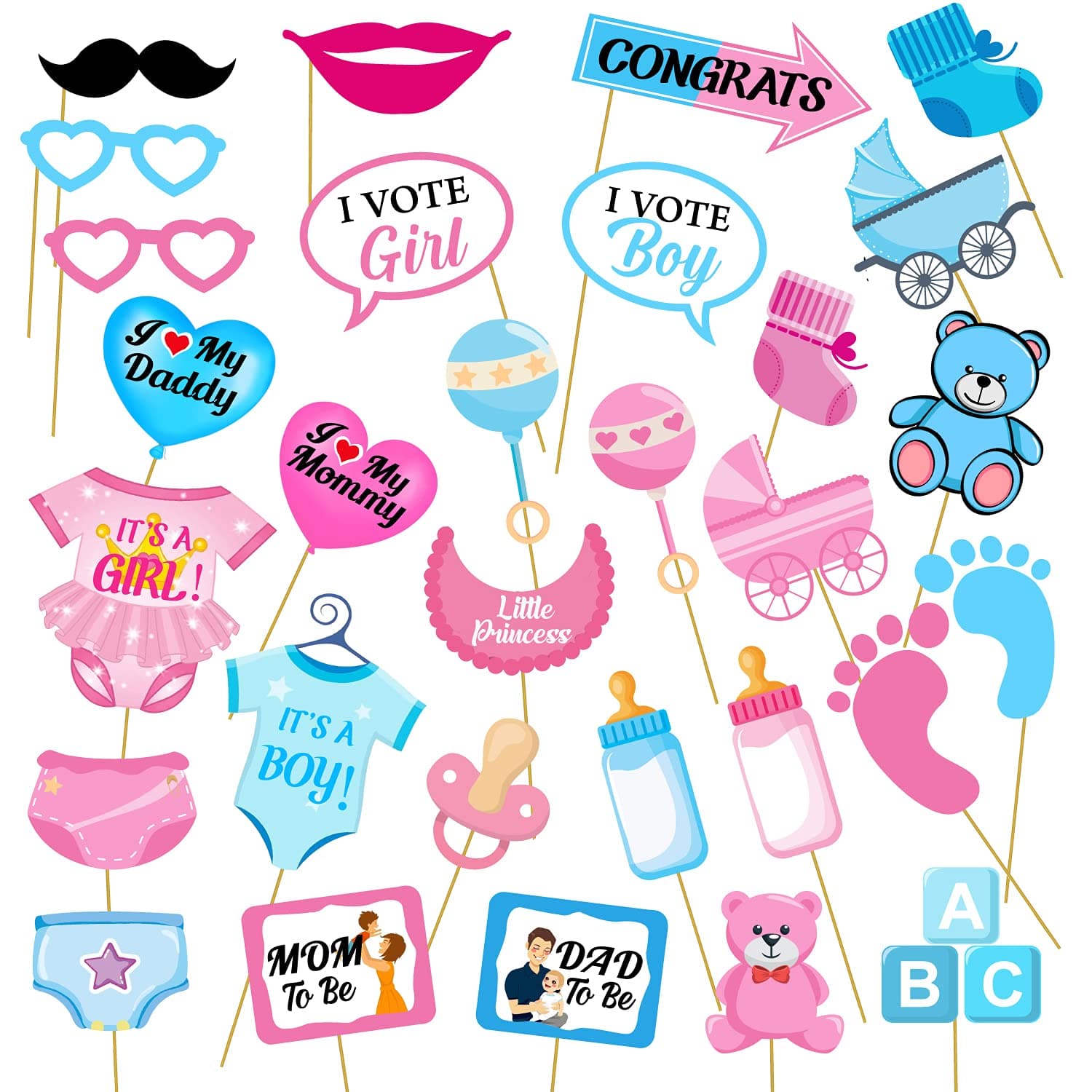 30 Pcs Baby Photo Booth Props Party Boy or Girl Shower Birthday Party/DIY Baby Shower Photo Booth Props Funny Creative Birthday Decor for Celebrating Birthday