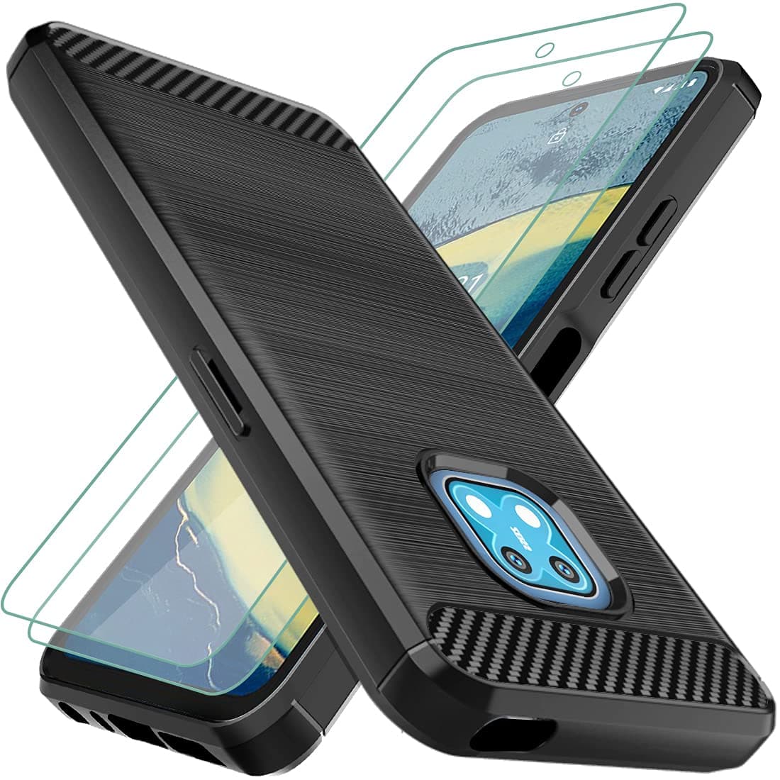 Osophter Cellular Phone Case for Nokia XR20, Rubber Protective Cover with Built-in Screen Protector & 2pcs Screen Protector, Shock-Absorption TPU, Black