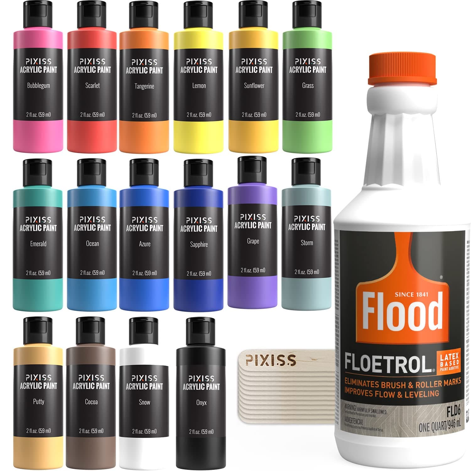 Floetrol For Acrylic Paint Pouring Kit, Flotrol Acrylic Pour Medium Additive, 16 Acrylic Pouring Paints, 20 Pixiss Wood Mixing Sticks