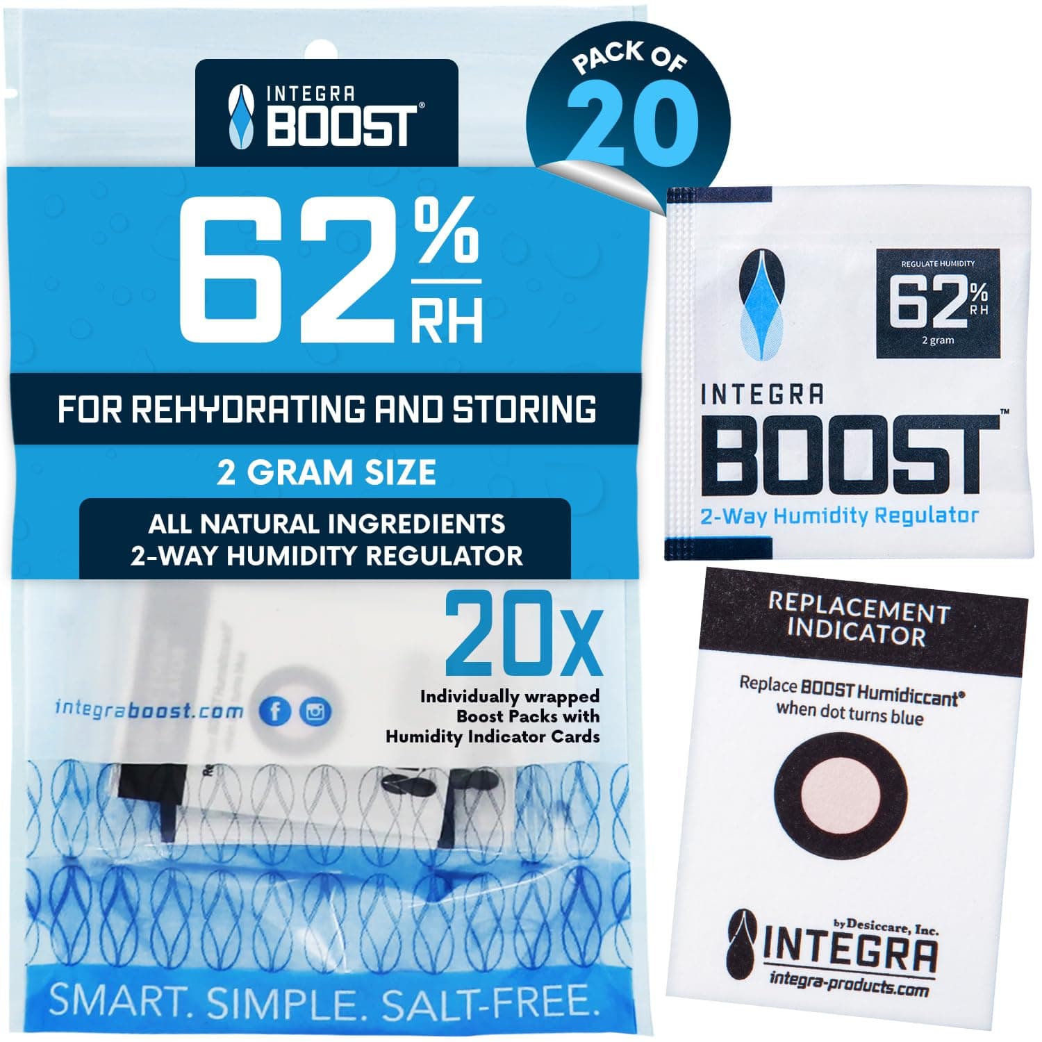 Integra Boost 2-Way Humidity Control Pack – Patented Technology for Humidity Control – Preserve Flavor & Maintain 62% RH – Moisture Absorber for Herbs, Spices & More – 2 Gram (Pack of 20)